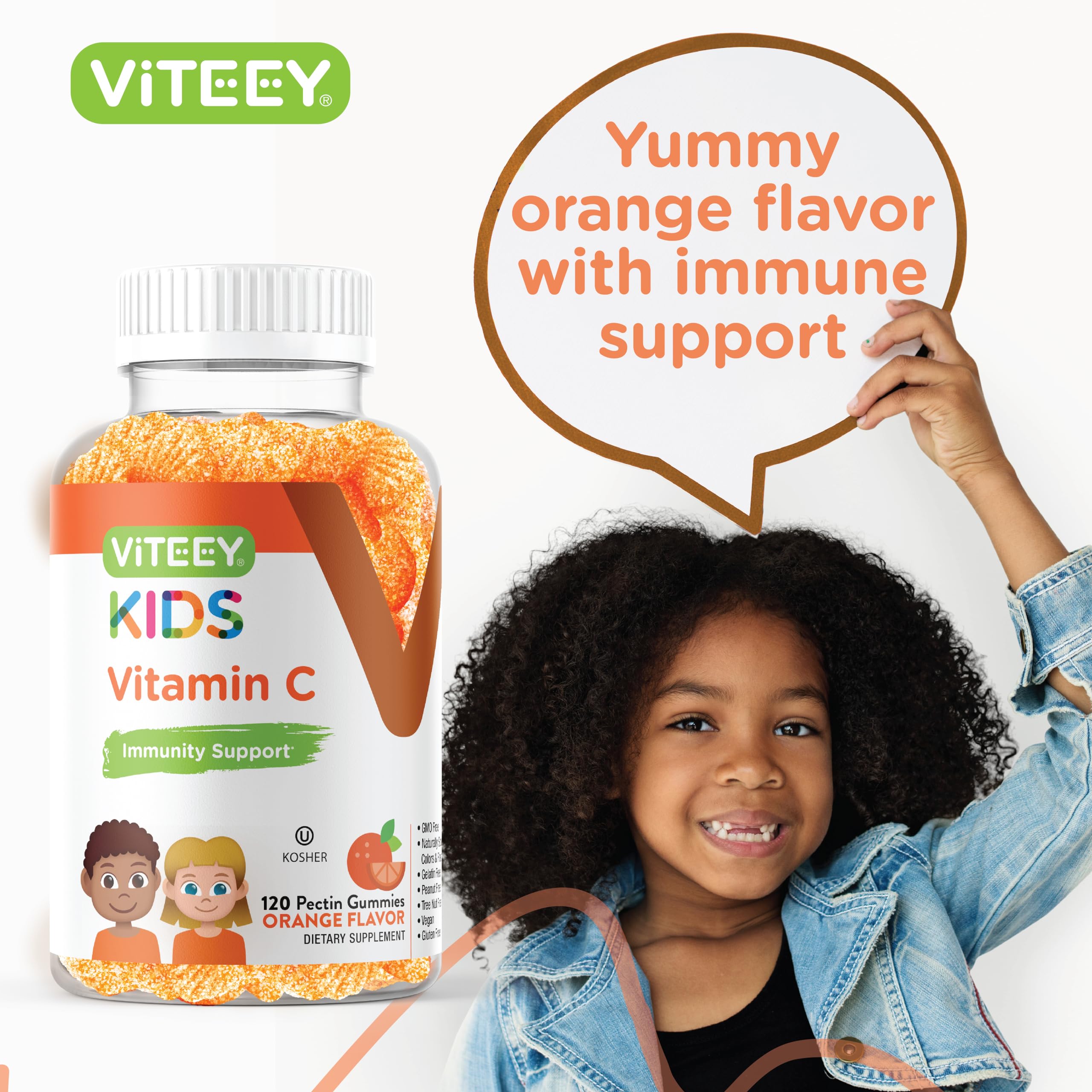 Kids Vitamin C Gummies - Immune Support for Kids, Toddlers, & Teens - Vegan, Gelatin Free, Gluten Free, GMO Free - Tasty Chewable Orange Flavored Kids Immunity Gummy