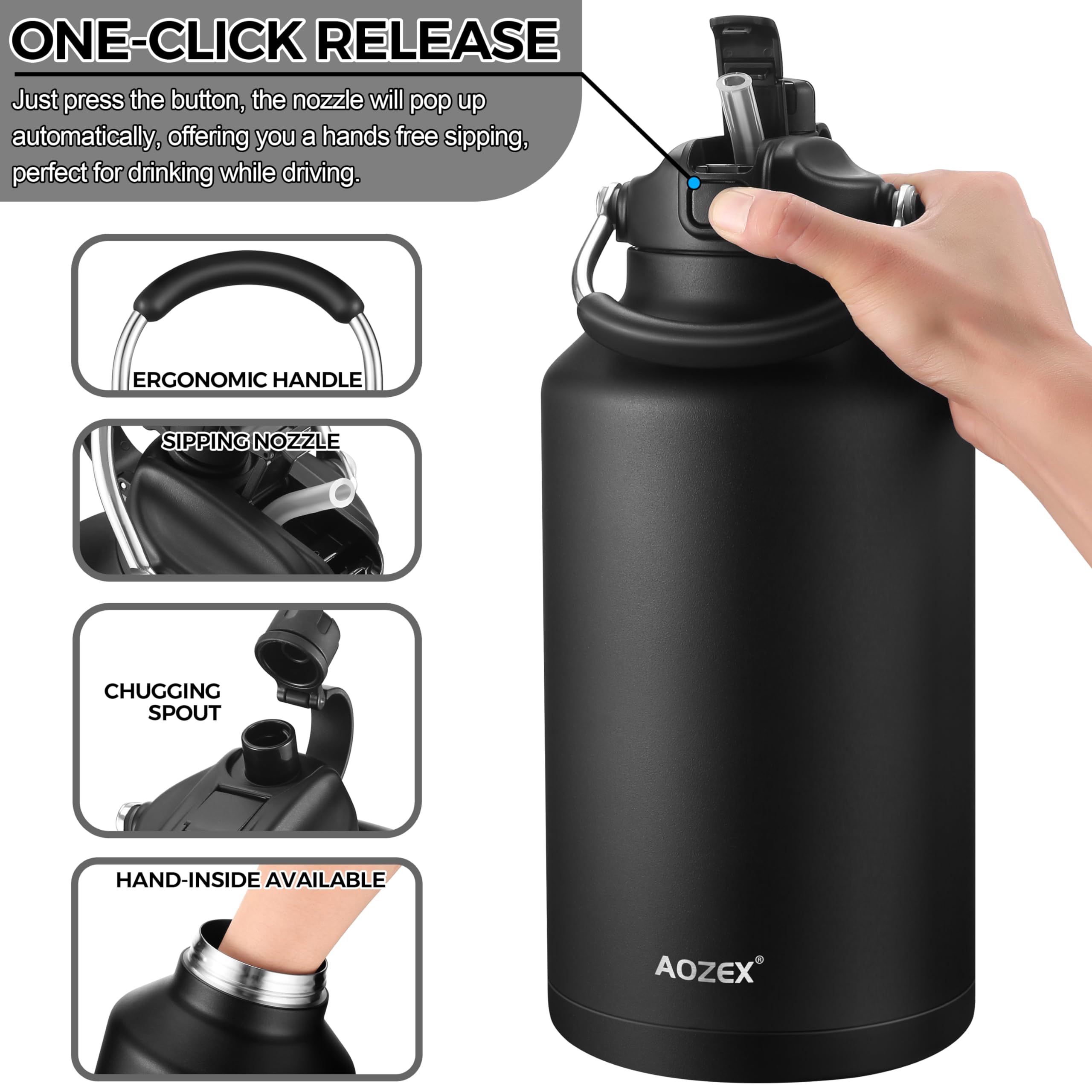 AOZEX 1 Gallon Water Bottle with Straw, Big 128 oz Insulated Water Bottle Sports 1 Gallon Water Jug with 2 in 1 Lid, Large Water Bottle Metal One Gallon Jug Stainless Steel Water Bottles with Handle