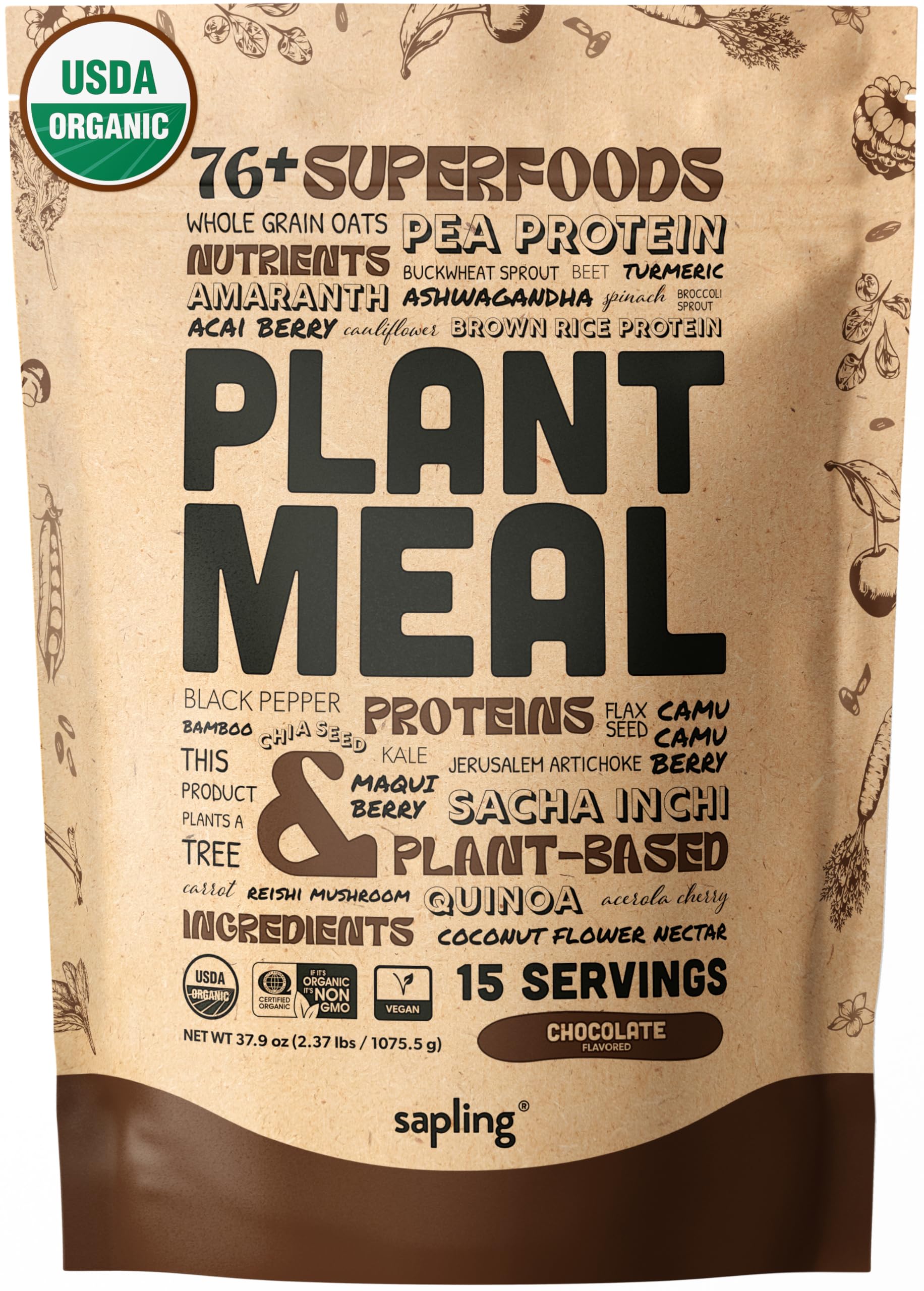 Plant Meal Replacement Shake - Chocolate - 25g of Plant Based Vegan Protein Powder, 76+ Organic Superfoods, Vitamins & Minerals, Mushrooms, Super Greens, Digestive Enzymes & Probiotics - 15 Servings