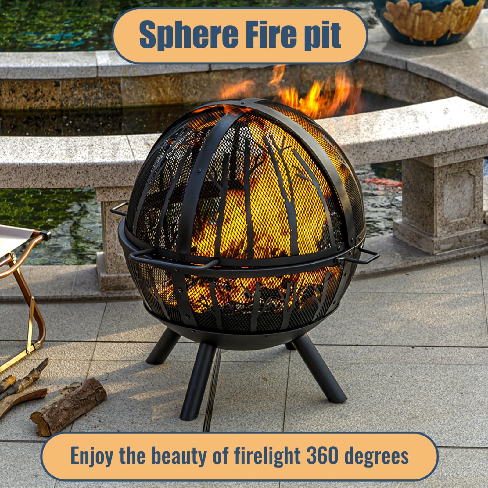 Panovue 35 Inch Wood Burning Fire Pit with BBQ Grill, Heavy Duty Fire Pits Ball for Outside with Spark Screen & Removable Ash Pan, Outdoor firepit & Fireplace for Bonfire in Garden, Yard