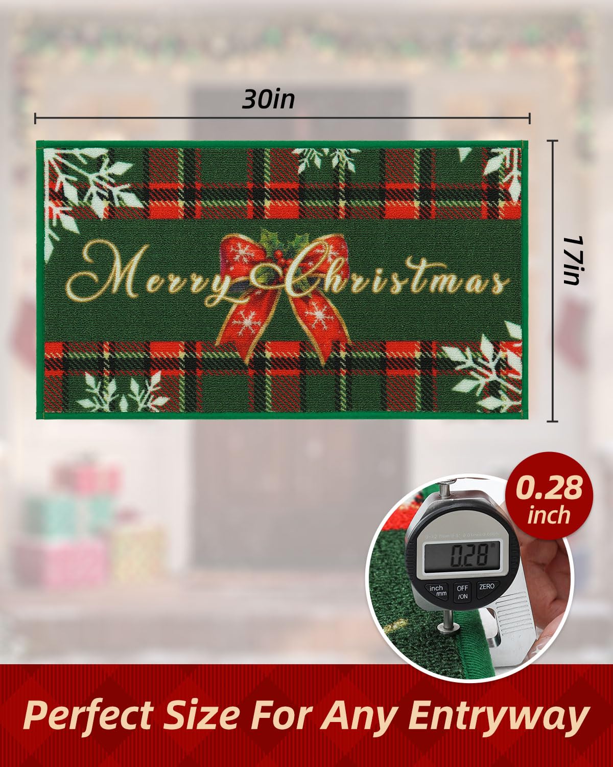 JSEI Door Mat Green Buffalo Plaid Christmas Mat 17"x30", Non-Slip Mats for Entryway with Merry Christmas Greeting and Bow Snowflake Design, Machine-Washable Xmas Doormat for Front Back Door