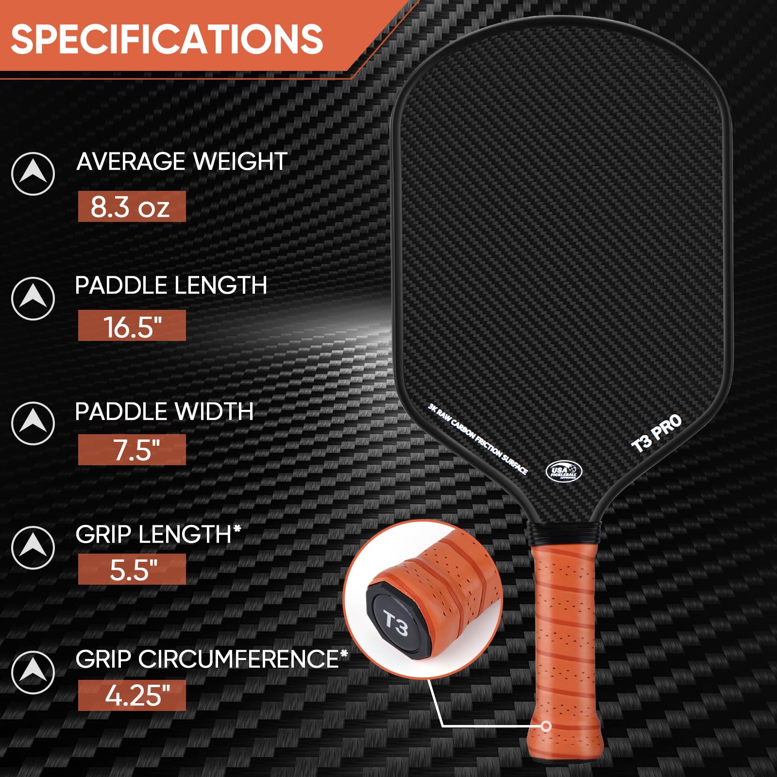 Pickleball Paddle - 3K Raw Carbon Fiber Surface (CFS) + Carbon Abrasion Surface (CAS) with High Grit & Spin, Sure-Grip Elongated Handle, Pickle Ball Paddle with 16mm Polypropylene Honeycomb Core