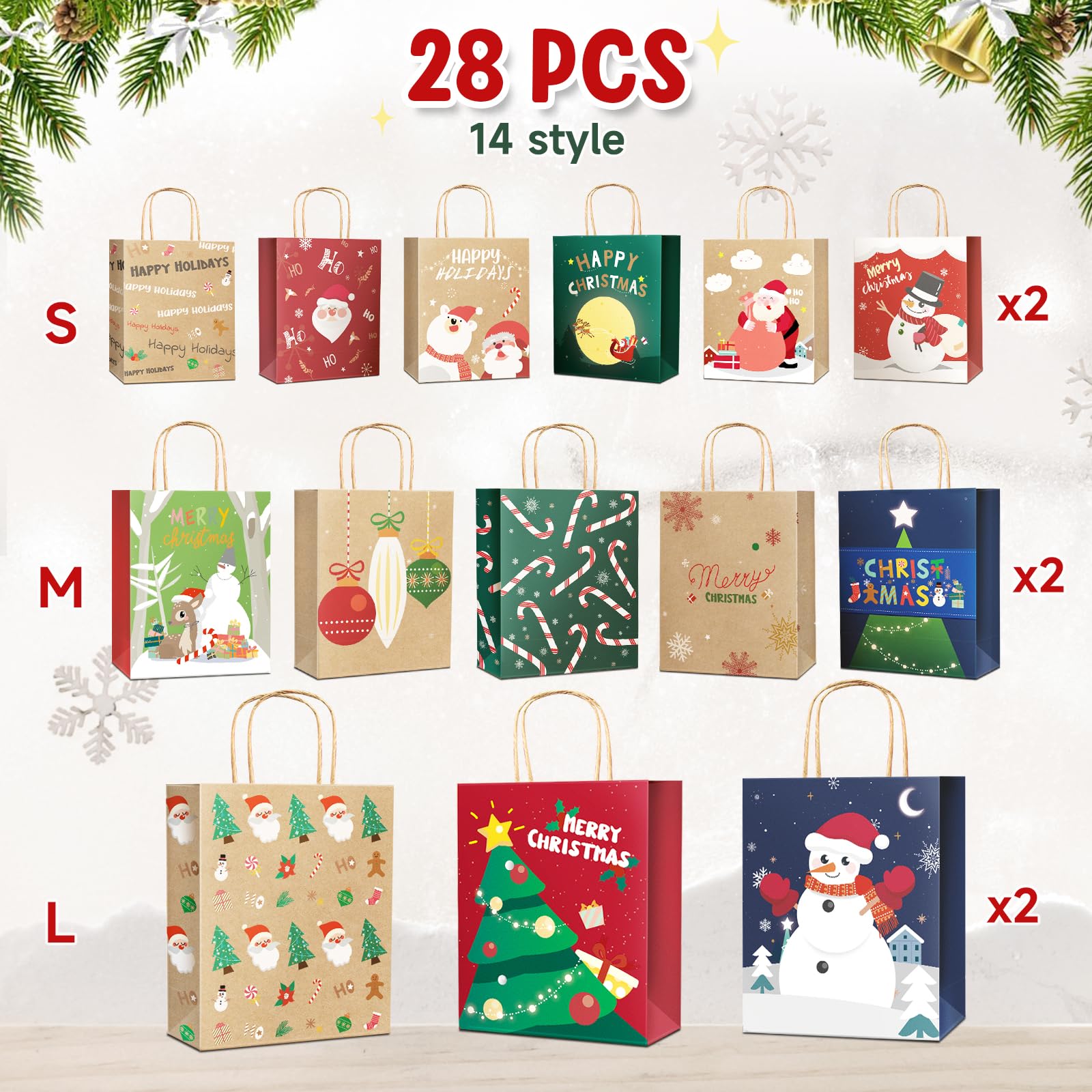 BlessedSeason 28 PCS Christmas Gift Bags with Handles, Reusable 14 Styles Kraft Gift Bags, Christmas Bags for Gifts with Christmas Prints for Holiday Paper Gift Bags (6 Large,10 Medium,12 Small)