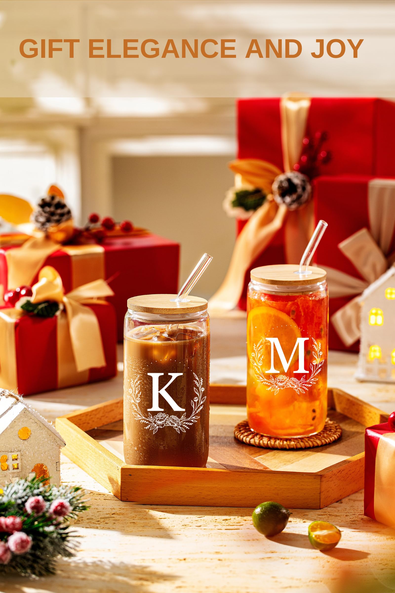 Personalized Gifts for Women, Monogrammed 16oz Glass Cups with Bamboo Lids and Straws, Customized Glass Tumbler, Cute Custom Mug, Customizable Initial Iced Coffee Glasses, Birthday Bridesmaid Mom, K