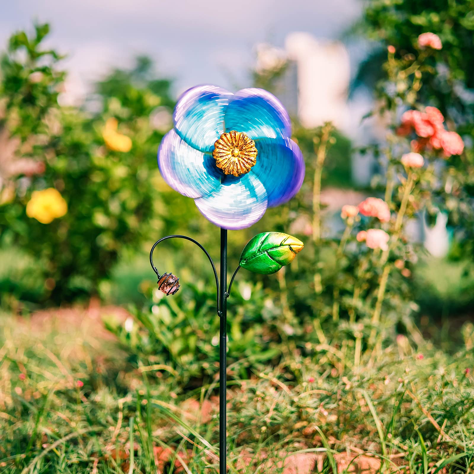 Viveta Wind Spinner with Metal Stake, 28.7 inches Outdoor Garden Pinwheels Spinners Blue Flower Shape Design for Yard Lawn Patio Decor