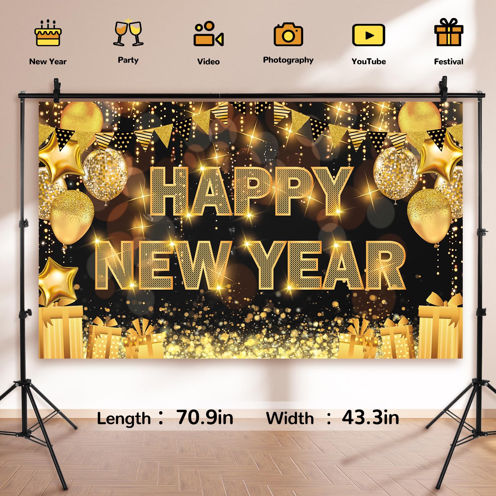 Happy New Year Decorations 2025, 71 * 44IN Happy New Year Banner 2025 Happy New Year Backdrop Party Supplies for Black and Gold New Years Eve Party Decorations 2025