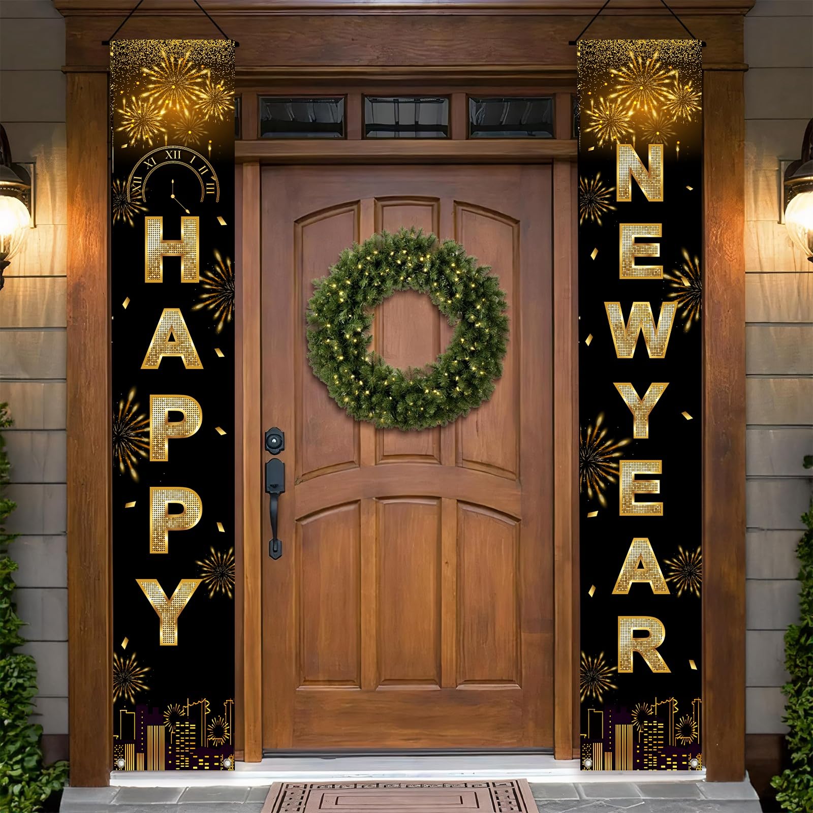 Happy New Year Door Banner Decorations-2025 Black Gold New Year Front Porch Hang Door Banners,New Years Eve Party Supplies,New Year Door Banner Sign Set for Home,Yard,Wall,Indoor,Outdoor 71x12 Inch