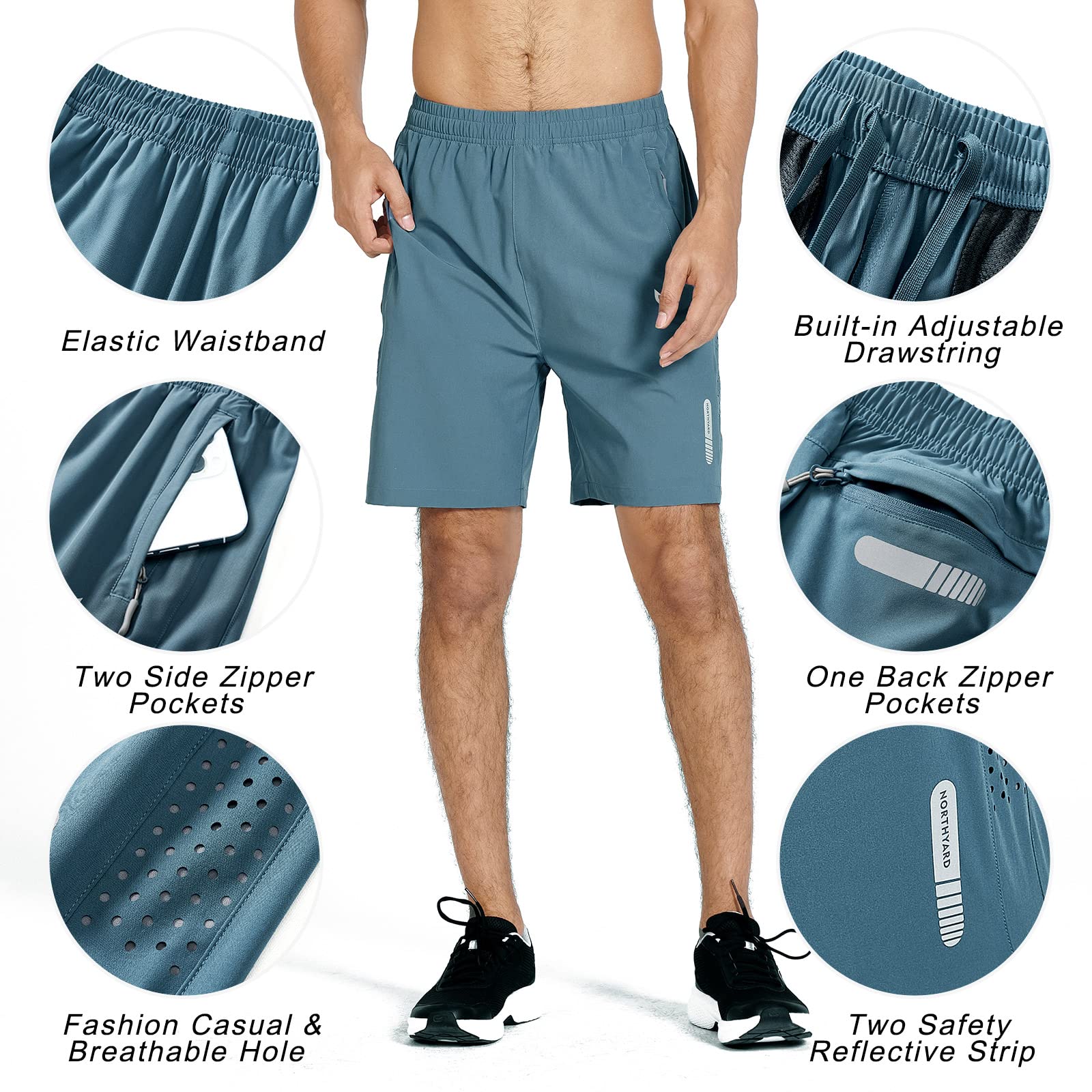 NORTHYARD Men's Athletic Running Shorts Quick Dry Workout Shorts 7"/ 5"/ 9" Lightweight Sports Gym Basketball Shorts Hiking Exercise Greyblue M