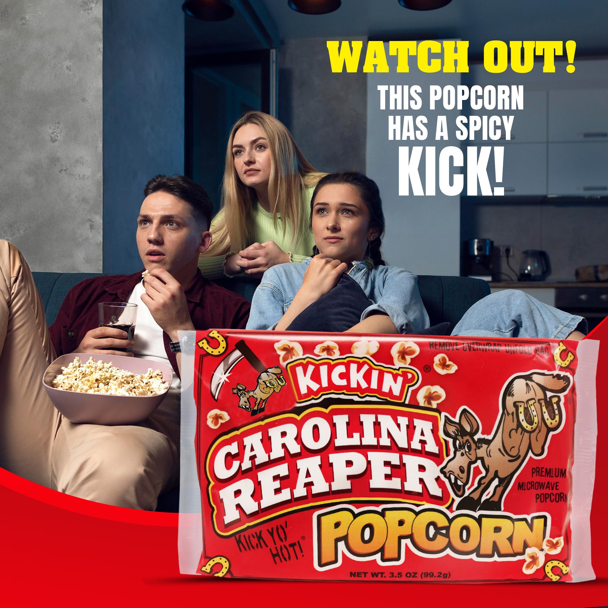 KICKIN’ Carolina Reaper Pepper Microwave Popcorn - Spicy Snacks - Pack of 3 - Ultimate Spicy Gourmet Gift Popcorn - Makes a Great Movie Theater Popcorn or Snack Food - Try if you dare!