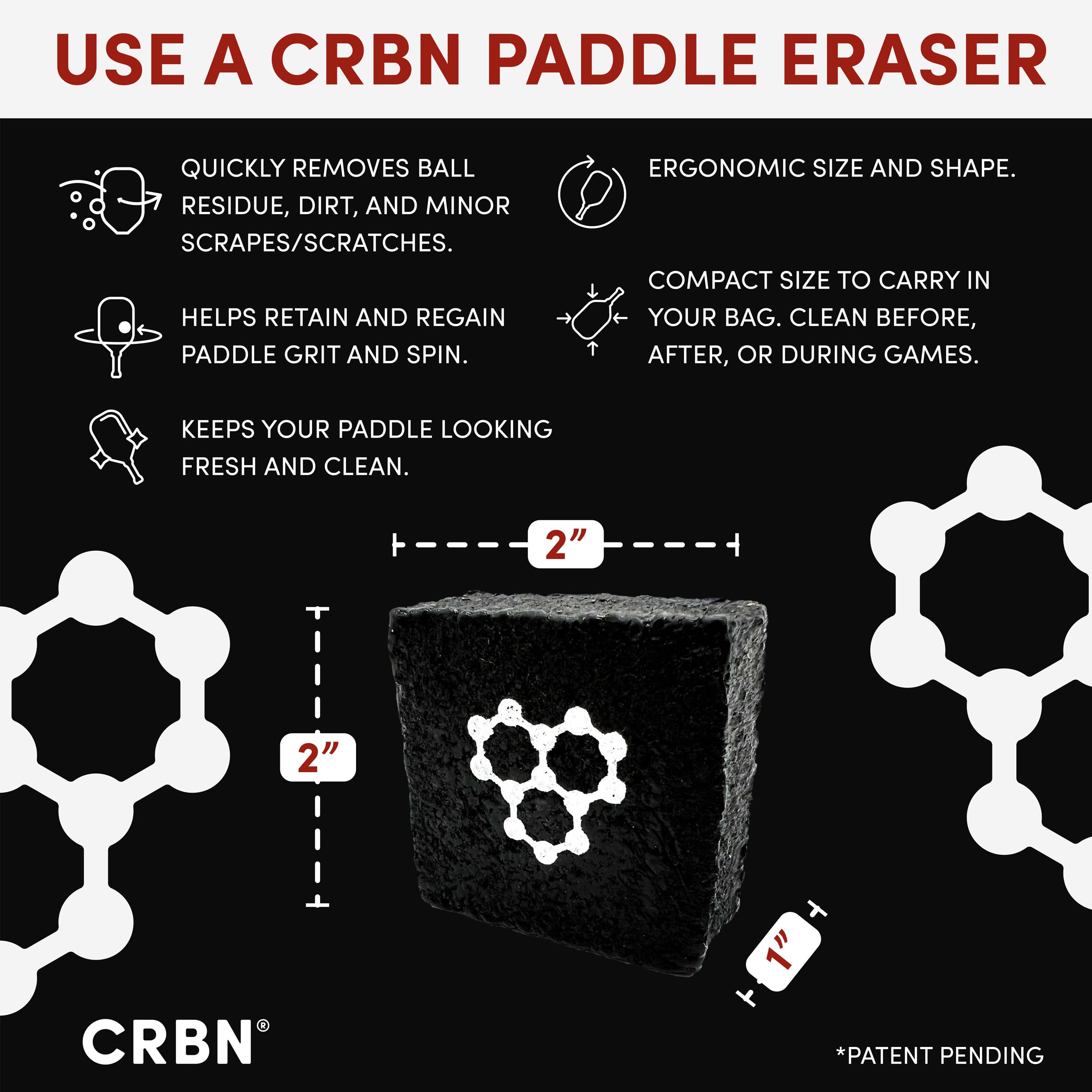 CRBN Pickleball Paddle Eraser, Best Carbon Fiber Pickle Ball Racket Cleaner, Fast & Easy Rubber Bar to Remove Ball Residue, Dirt, & Minor Scrapes/Scratches - Patent Pending