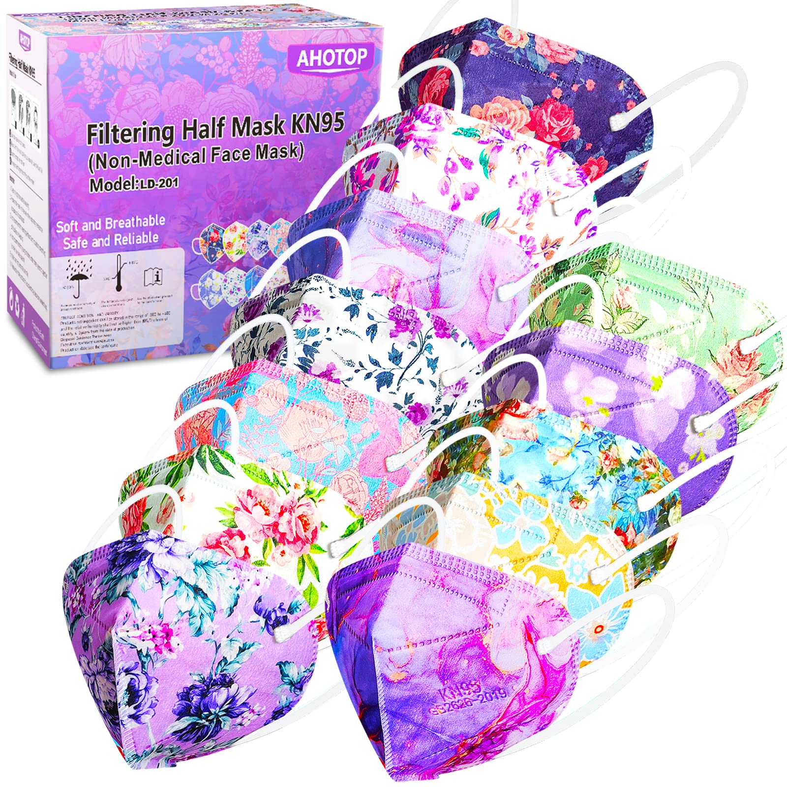AHOTOP KN95 Face Masks, 60 Pack Individually Wrapped KN95 Masks, 5 layer Colorful Floral Face Mask with Design for Adults Women Men