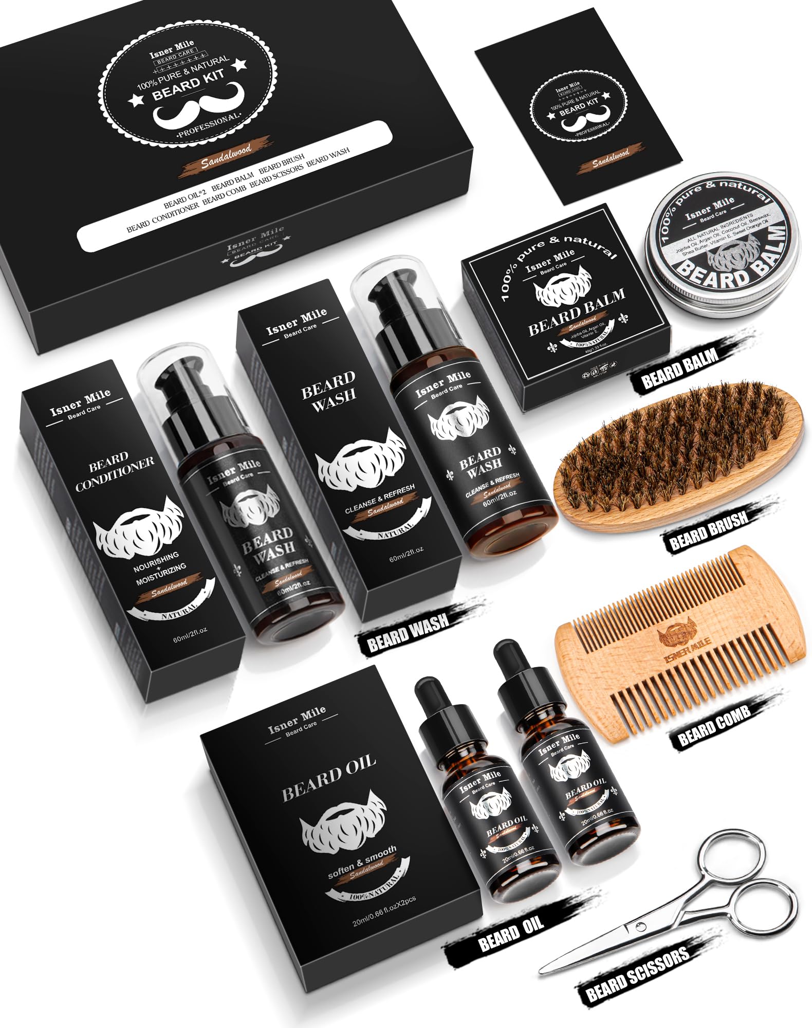 Beard Kit for Men Grooming & Care: with 2 Pack Beard Oils and Balm - Wash & Conditioner for After Shave Lotions Sandalwood, Brush and Comb Sets with Scissors, Valentines Fathers Gifts for Dad/Men/Him
