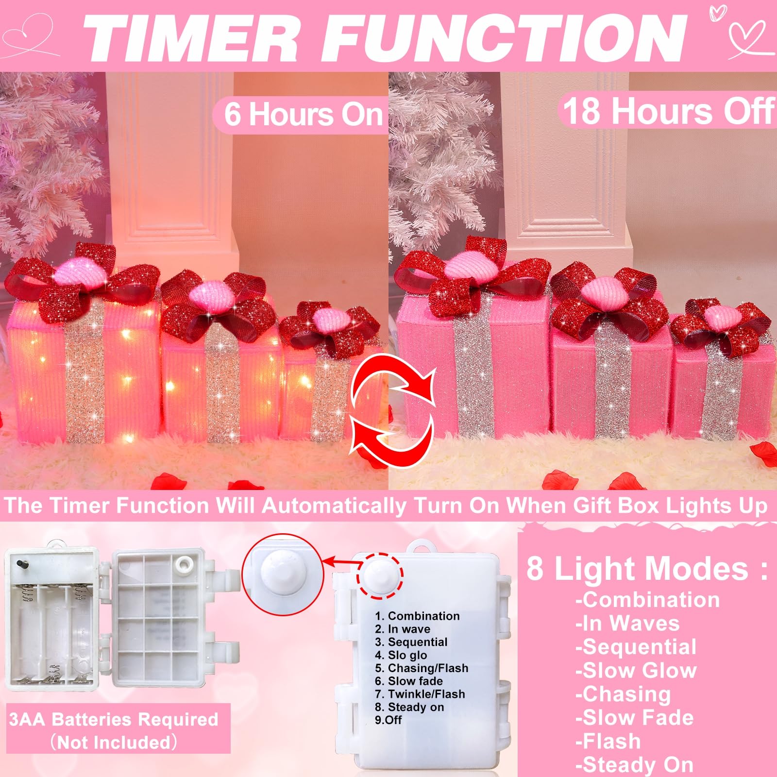 [Timer&8 Mode] 3 Pack Pink Valentines Decorations Christmas Lighted Gift Boxes with Pink Hearts Silver Glitter Fabric 60 LED Battery Operated Present Box Pink Decor for Room, Wedding, Valentines Gifts