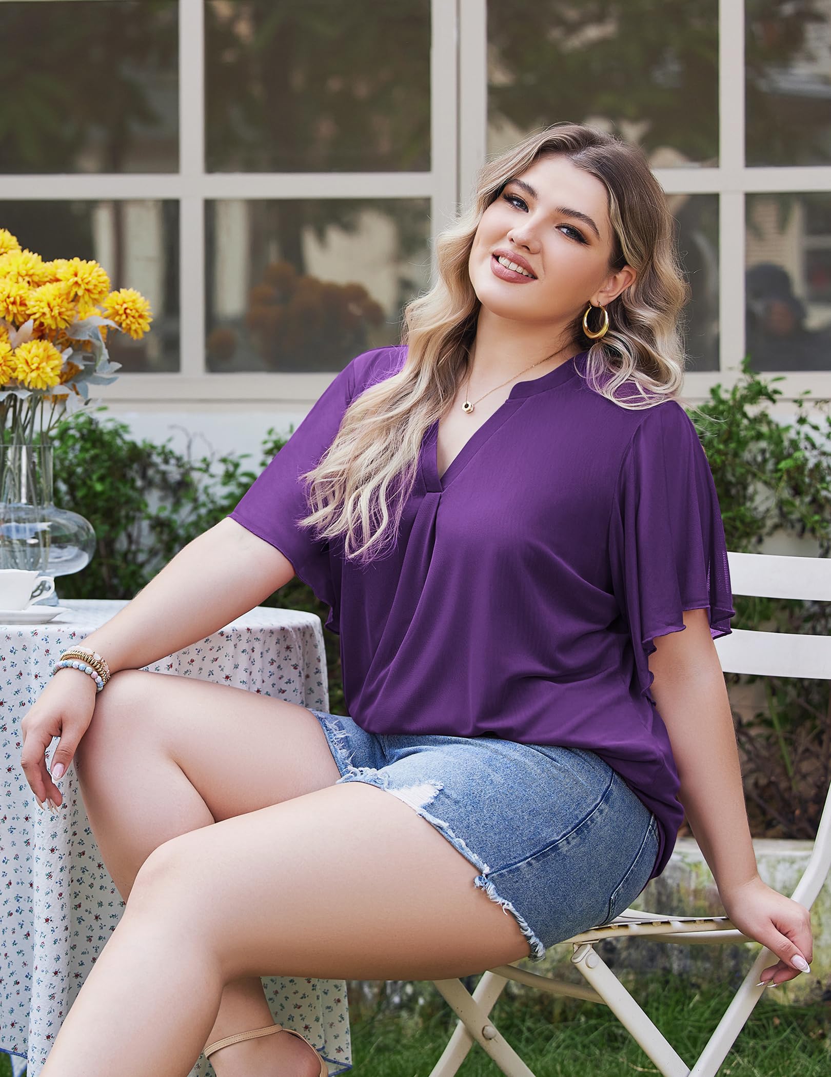 IN'VOLAND Women's Plus Size Blouses Short Sleeve Floral Double Layers Mesh V Neck Tunic Tops Dressy Flowy Stretchy Shirts Purple 16W