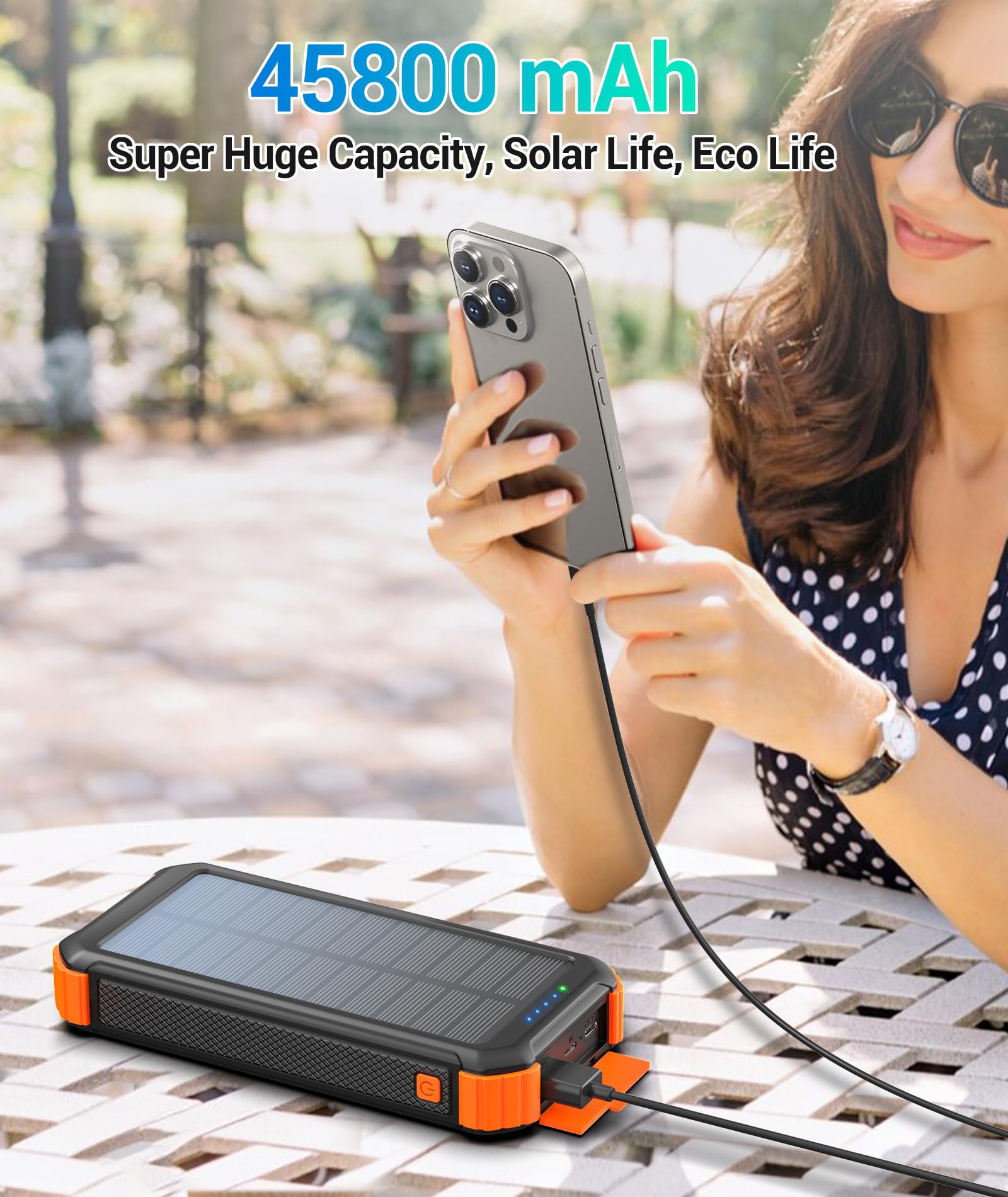 LATIMERIA 45800mAh Solar Charger Power Bank, Portable Phone Charger with USB C in/Output, 5V3.1A QC 3.0 Fast Charging for Cellphone, External Battery Pack Compatible with iPhone Samsung Google etc