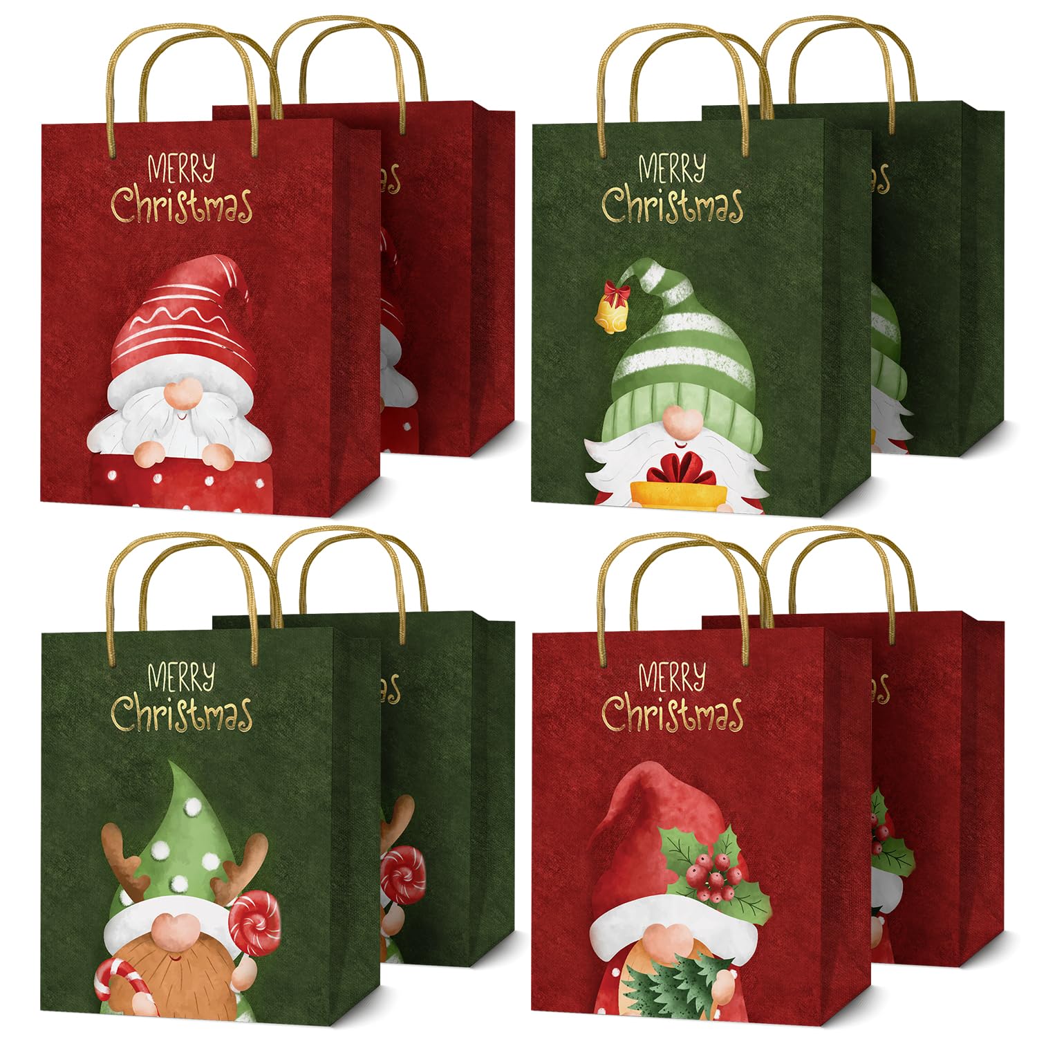 easykart labels 8 Pack 12" Large Christmas Gift Bags, Gold Foiled & Laminated Holiday Gnome Gift Bags,(4 Designs - 2 PCs Each) for Gift Wrapping Christmas Party Decorations