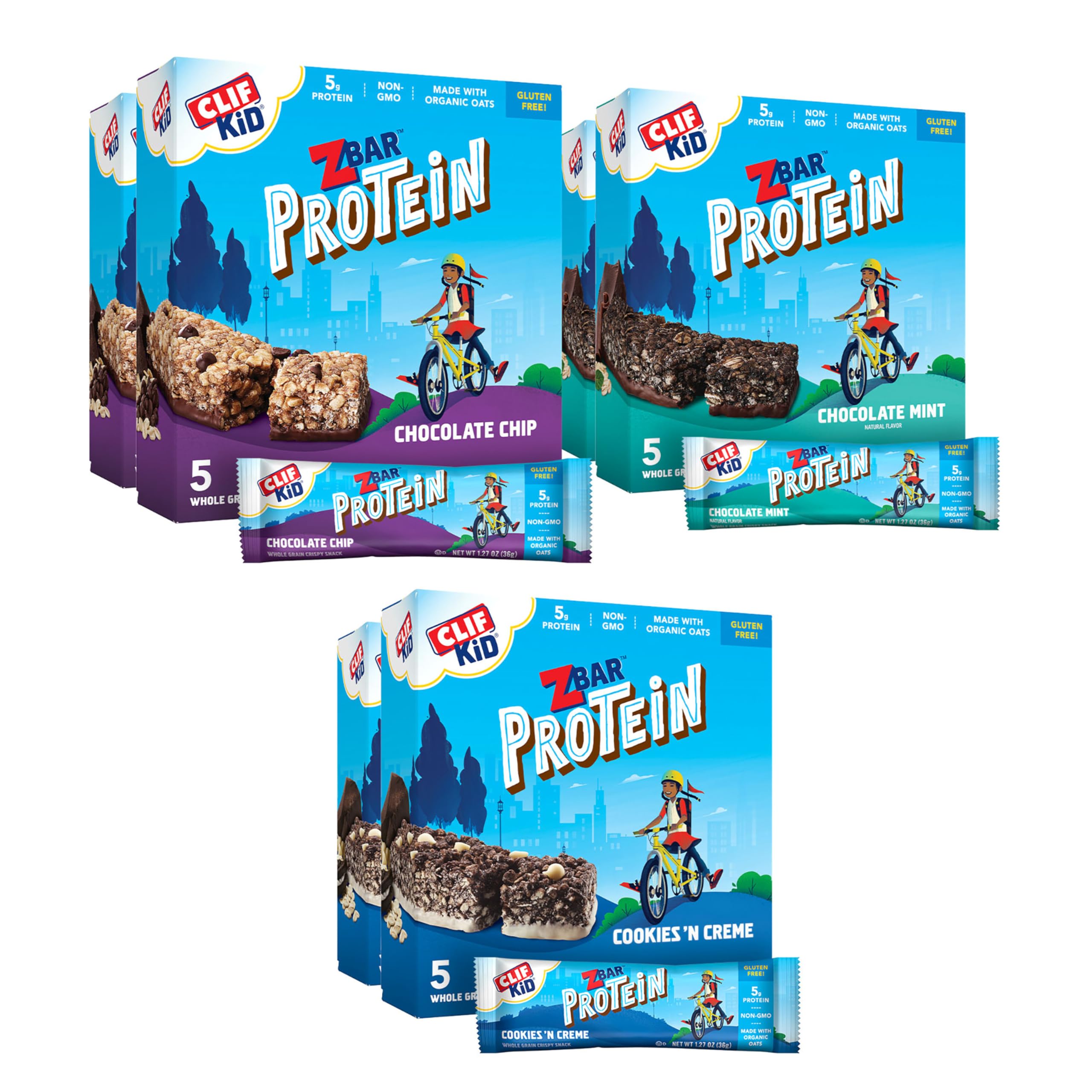 Zbar Protein - Chocolate Chip, Chocolate Mint, and Cookies 'n Creme - Variety Pack - Crispy Whole Grain Snack Bars - Made with Organic Oats - Non-GMO - 5g Protein - 1.27 oz. (30 Count)