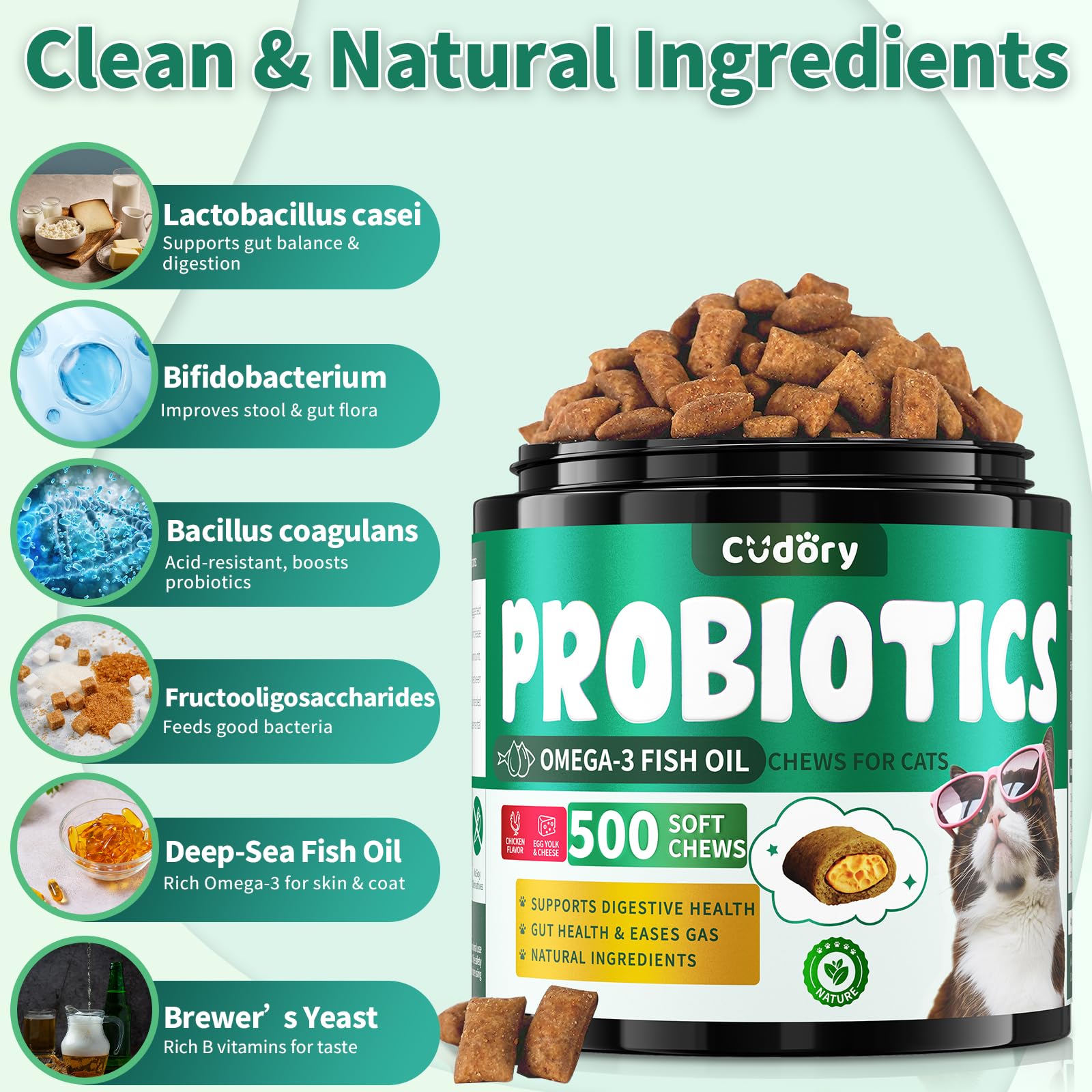 Cudory Chews for Cats Bundle-Allergy Relief for Cats+Cat Probiotics Tasty Chews for Digestive & Gut Support-Omega 3 & Probiotic Natural Cat Supplements-Chicken
