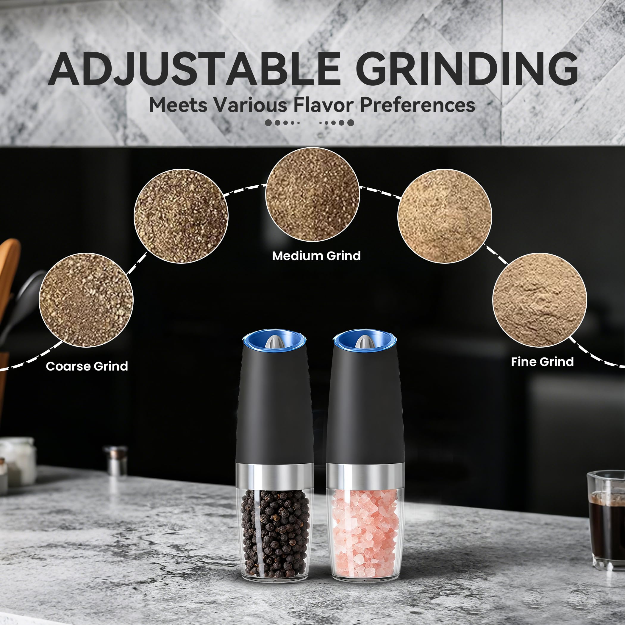 UNNEES Gravity Electric Salt and Pepper Grinder set of 2, Automatic Salt And Pepper Grinder Set, Adjustable Roughness, Battery Powered, LED Light, 2 Pack, (Black)
