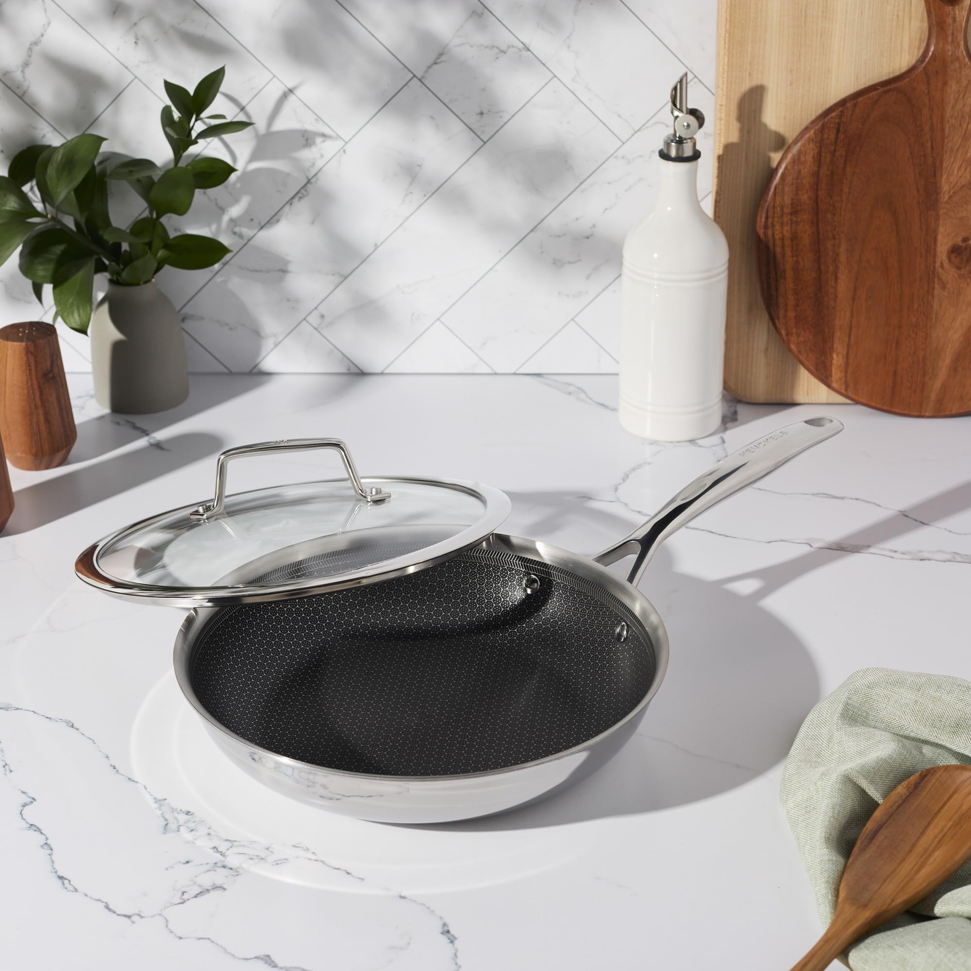 HENCKELS Paradigm 10-inch Frying Pan with Lid, Stainless Steel Nonstick Skillet, 3-Ply Clad Pan for Induction Cooktop, Oven & Dishwasher Safe