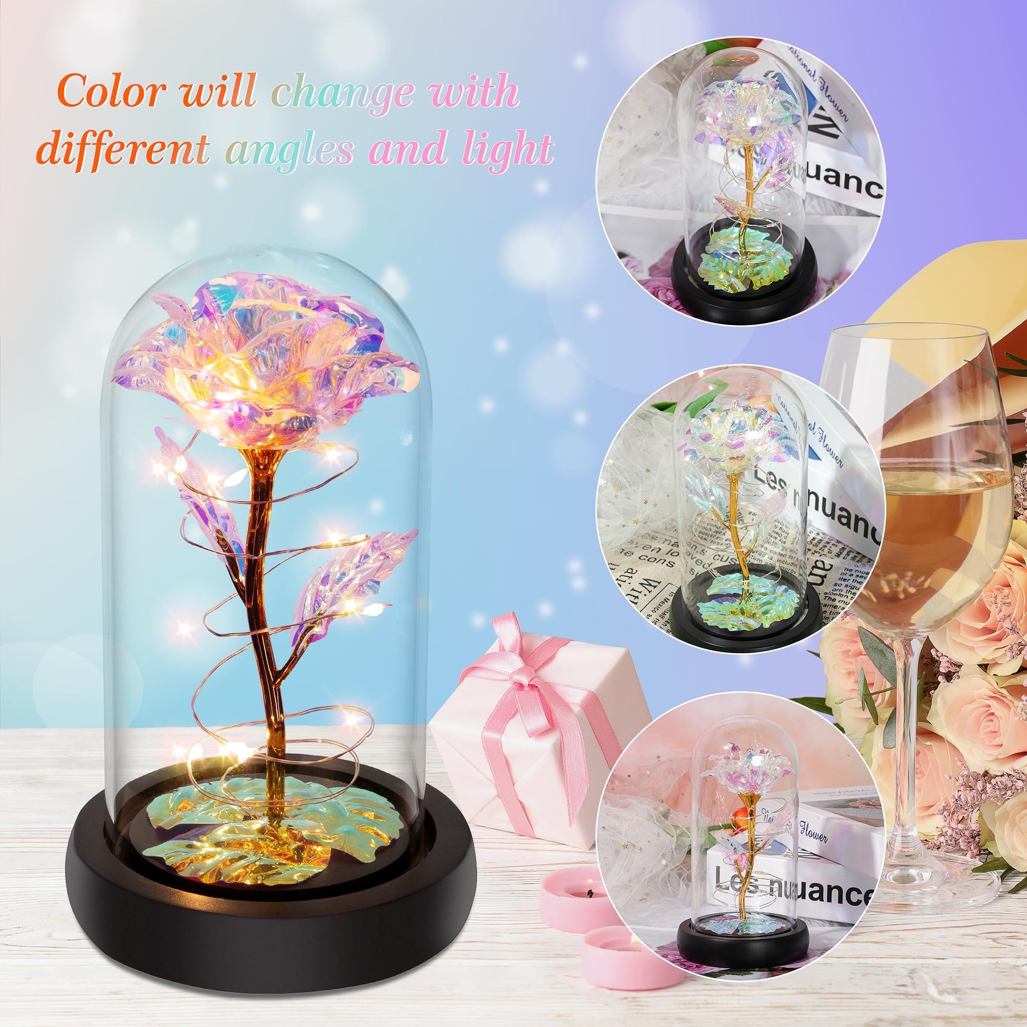 Birthday Gifts for Women,Christmas Rose Gifts for Women,Womens Glass Rose Gifts,Light Up Rose Flowers in Glass Dome,Colorful Rainbow Flower Rose Mom Gifts for Her,Wife,Thanksgiving,Anniversary