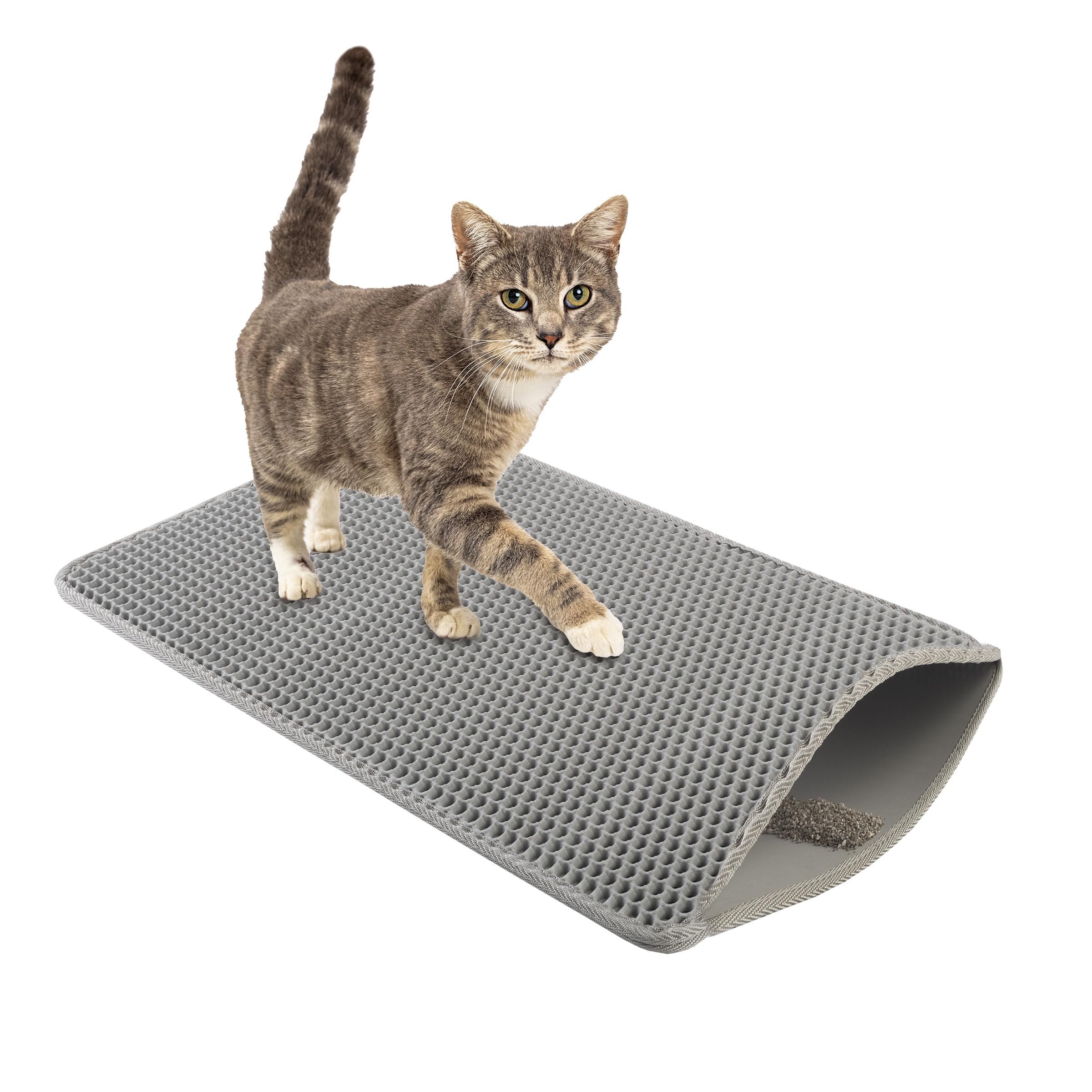 Cat Litter Mat - 24x15-Inch Waterproof Litter Box Mat with Dual-Layer Honeycomb Design for Trapping Litter - Slip-Resistant Cat Mat by PETMAKER (Gray)