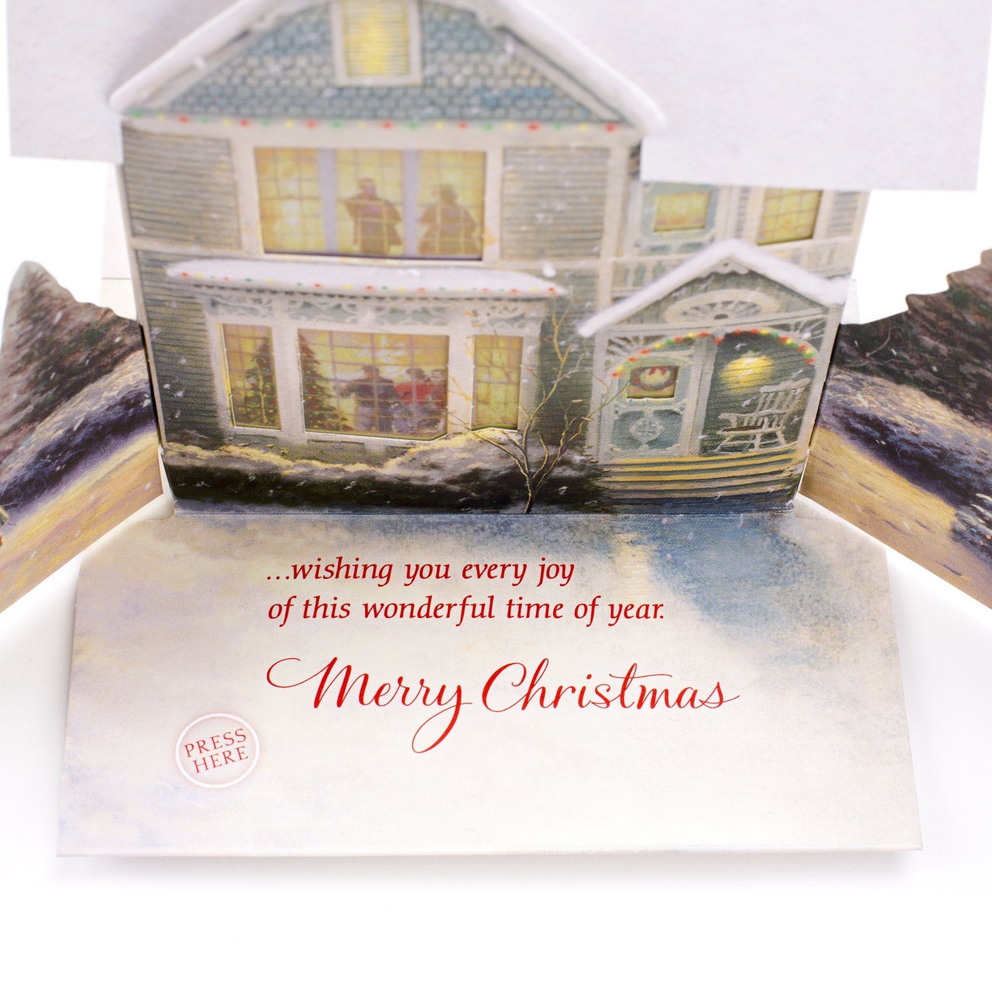 Hallmark 0899XSO1002 Christmas Pop Up Card with Light and Song (Displayable Dimensional Thomas Kinkade House Plays We Wish You a Merry Christmas), Snowy House