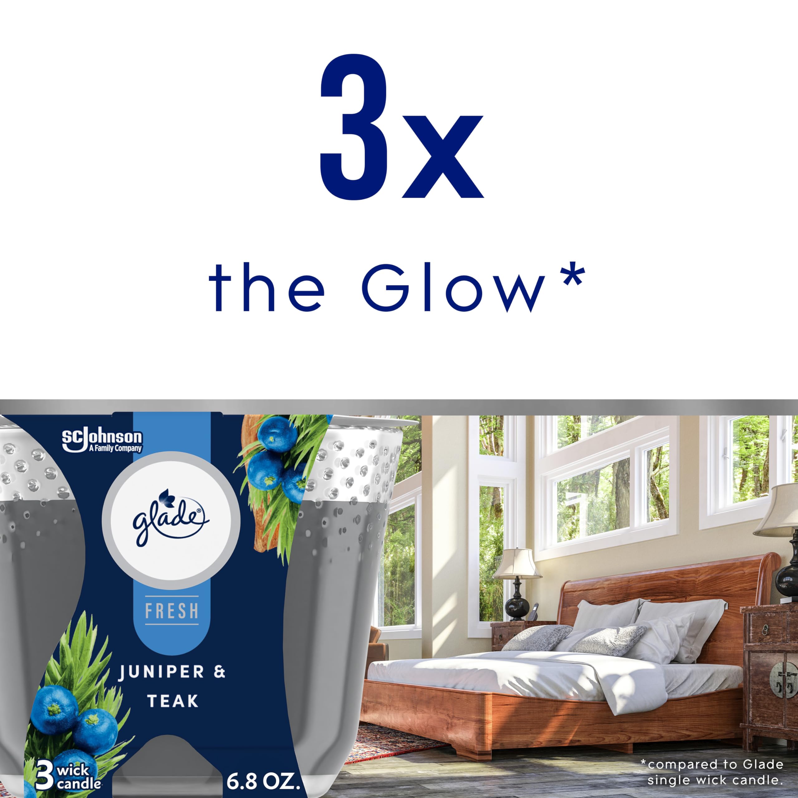 Glade Candle Juniper & Teak, Fresh Collection, Fragrance Candle Infused with Essential Oils, Air Freshener Candle, 3-Wick Candle, 6.8 Oz, 3 Count