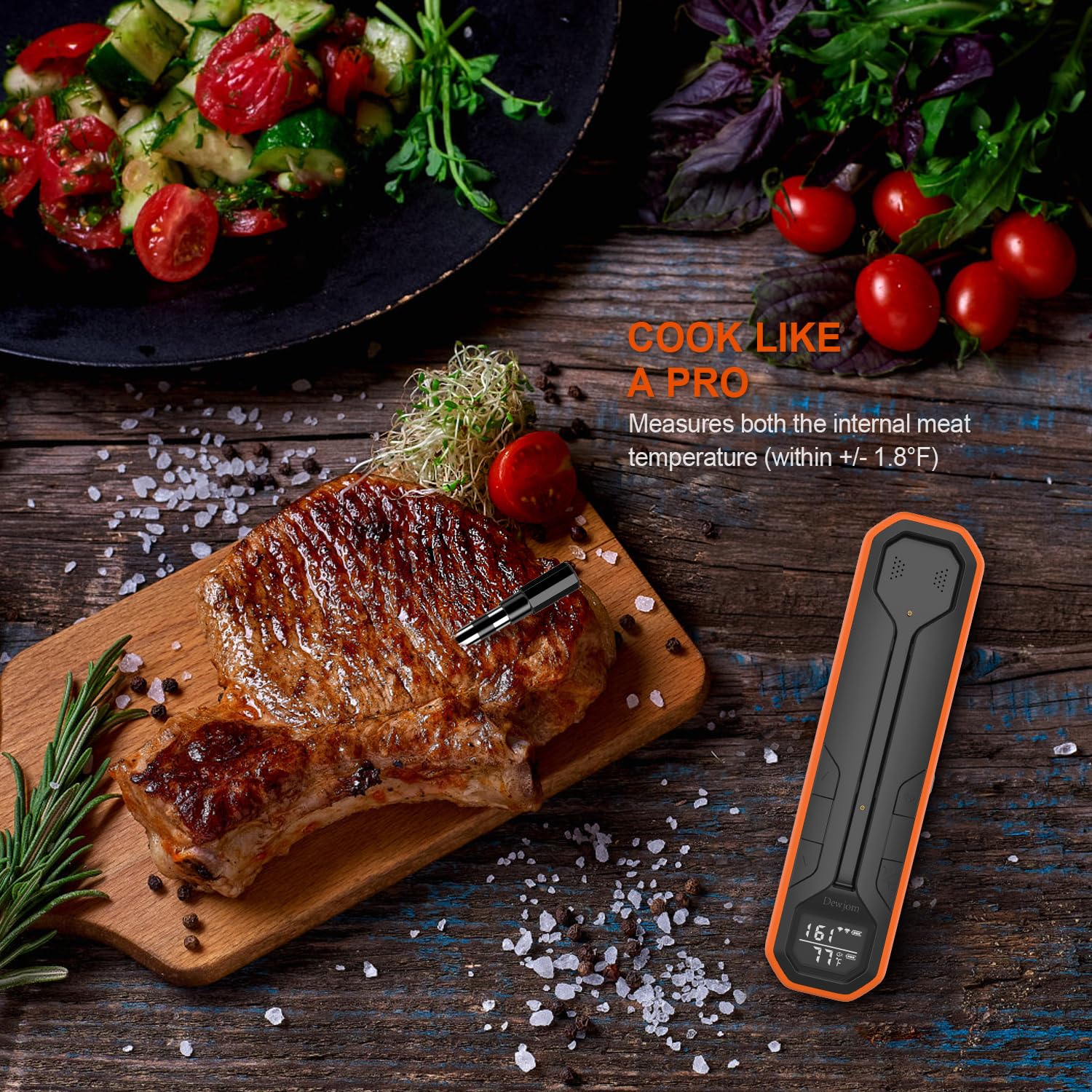 Dewjom Wireless Meat Thermometer – Digital Cooking Thermometer with Wireless Probe – 500Ft Remote Range Food Thermometer – with iOS & Android Read App -Preprogrammed Temperatures for BBQ, Oven, Grill