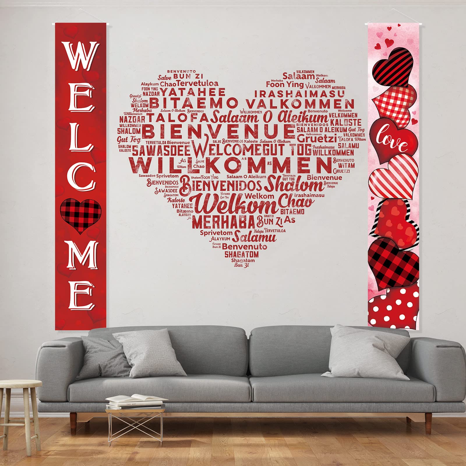 2 Pcs Valentine's Day Door Banner Decoration Valentine Hanging Front Porch Welcome Sign Red Buffalo Plaid Love Heart Banner Romantic for the Home Wall School Office Indoor Outdoor Party Supplies Decor