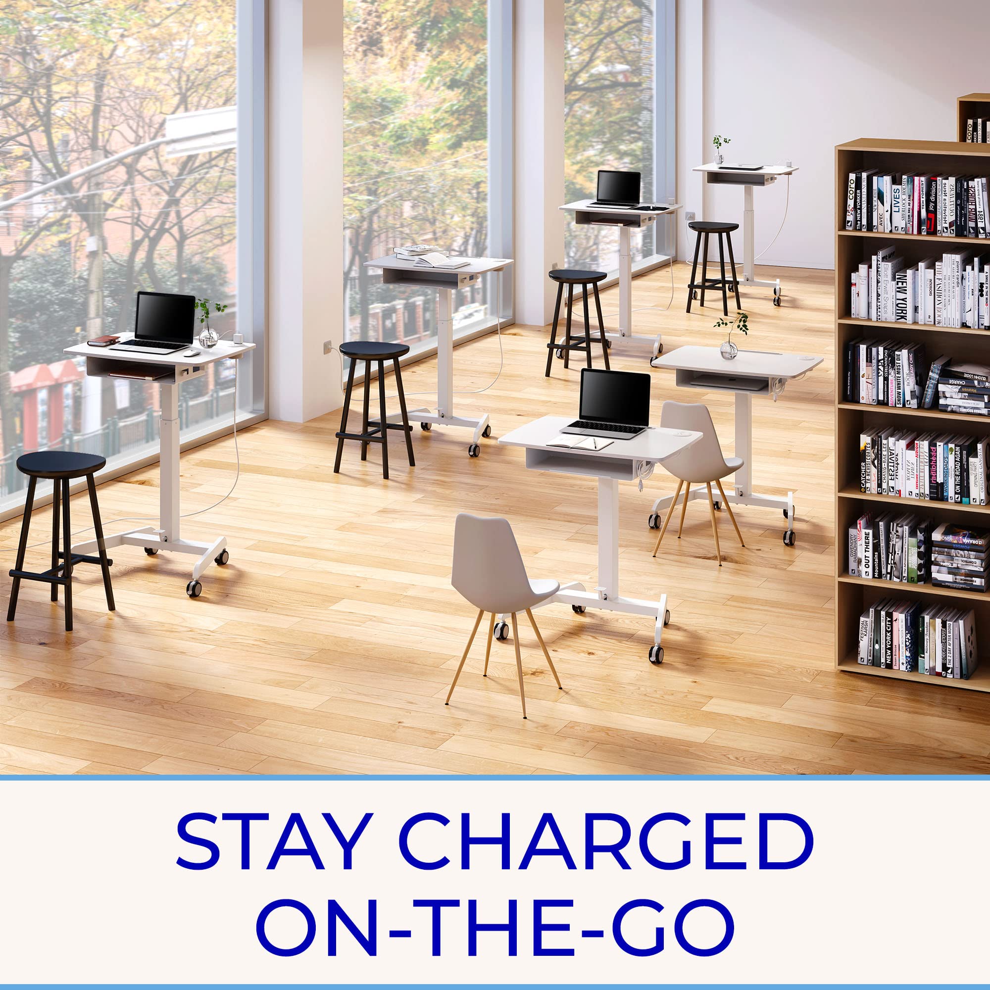 Stand Steady Cruizer™ Mobile Podium with UL Safety Certified Power Outlets | 31in Height Adjustable Student Desk with Built-In Storage | Portable Standing Desk | Rolling Laptop Desk (White/31 x 22in) 