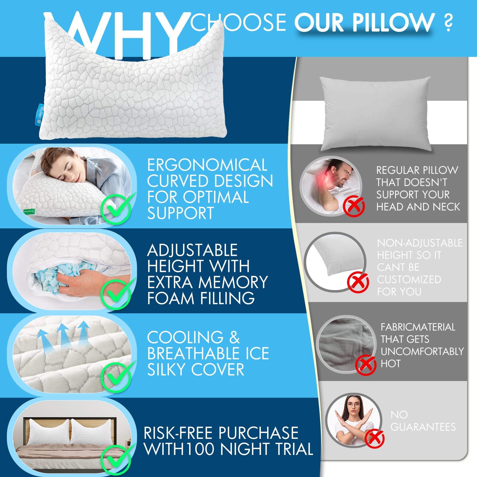 SUPA MODERN Cooling Side Sleeper Pillow for Neck and Shoulder Pain, Luxury Shredded Memory FoamBed Pillows for Sleeping Set of 2- Adjustable Queen Size Curved Pillow Neck Pillow