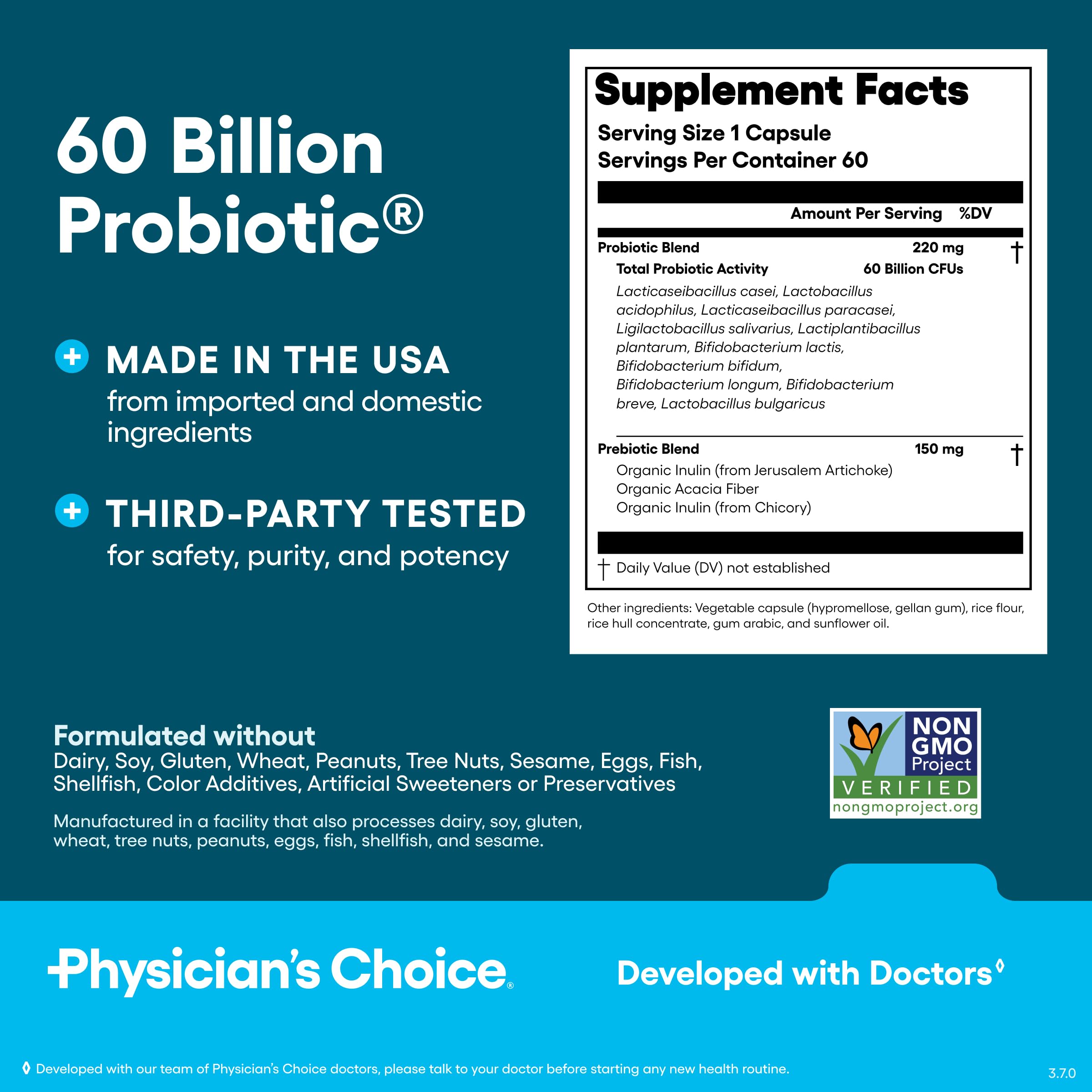 Physician's CHOICE Probiotics 60 Billion CFU - 10 Strains + Organic Prebiotics - Immune, Digestive & Gut Health - Supports Occasional Constipation, Diarrhea, Gas & Bloating - for Women & Men - 60ct