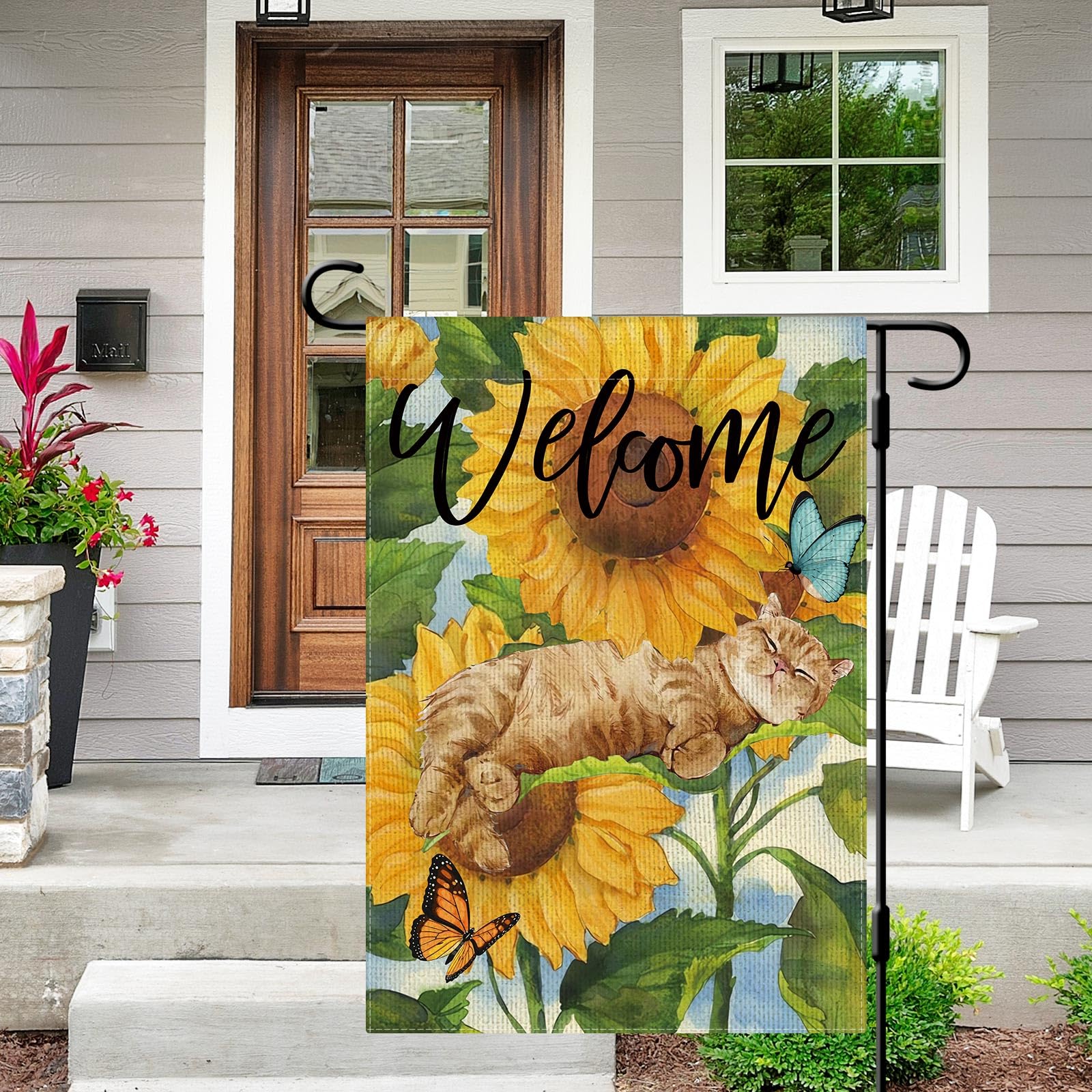 DLZDN Sunflower Cat Garden Flag Spring Summer Funny Cat Garden Flags 12×18 Inch Double Sided Vertical Burlap Farmhouse Welcome Yard Flag Seasonal Outdoor Decor