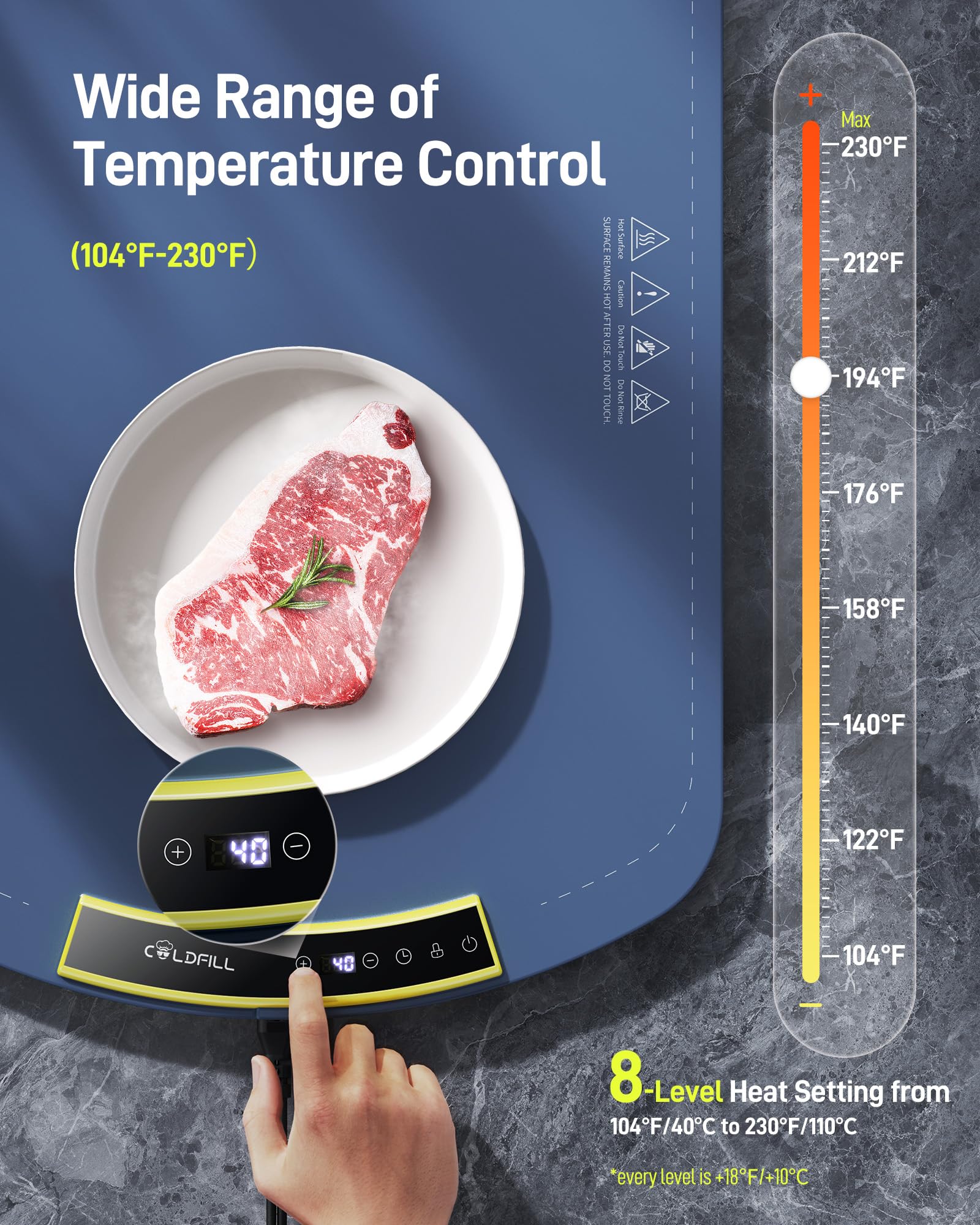 COLDFILL Electric Warming Tray - Foldable Food Warming Mat with 8 Temp Setting, Full-Surface Heat in 5s, 4 Hours Auto-Off, Easy to Clean with Nano-Material, for Buffet, for Party, for Thawing