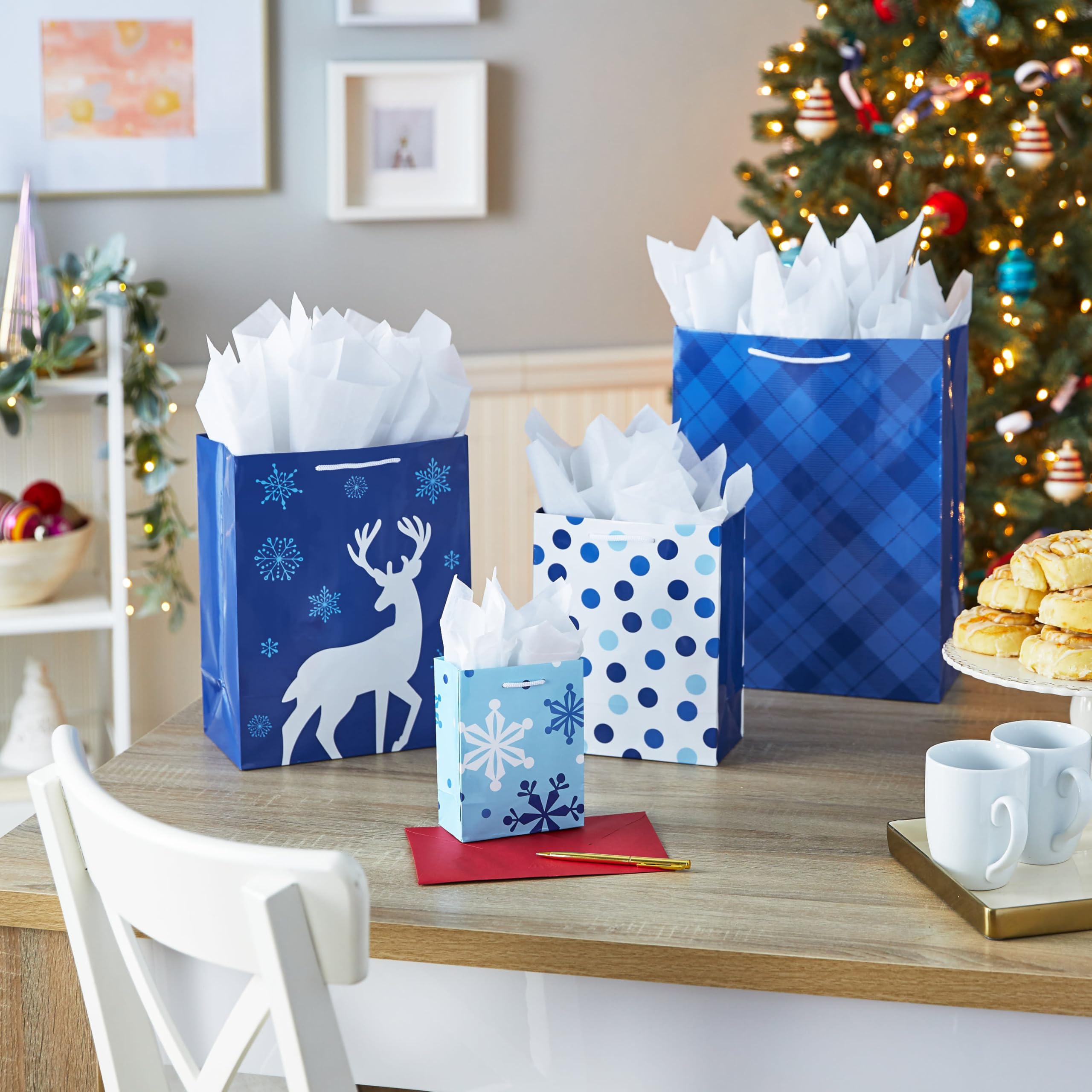 Image Arts Assorted Christmas Gift Bags Bulk - Blue Plaid, Snowman, Deer, Tree, Snowflakes (16 Bags: 6 Small 5", 6 Medium 8", 2 Large 11", 2 XL 14") for Holiday Parties, Hanukkah, Weddings