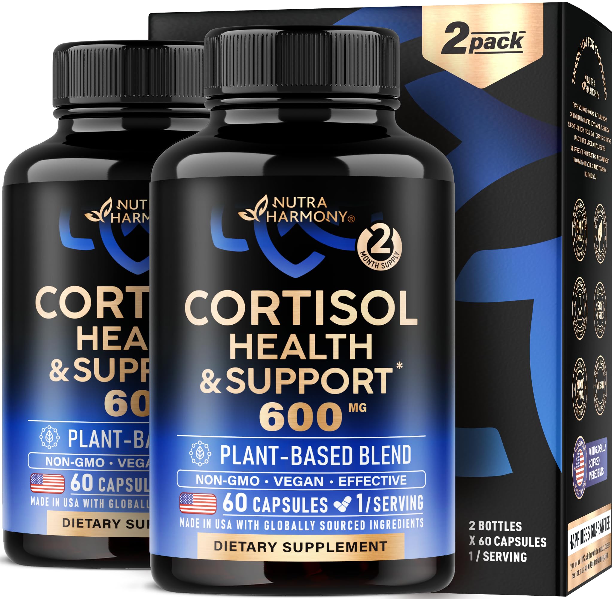 Cortisol Supplement for Women - Holy Basil | Ashwagandha | Rhodiola | L-Theanine - Plant-Based Hormone Balance - Mood, Focus & Sleep Support - Made in USA - Vegan, Non-GMO - Pack of 2, 4 Month Supply