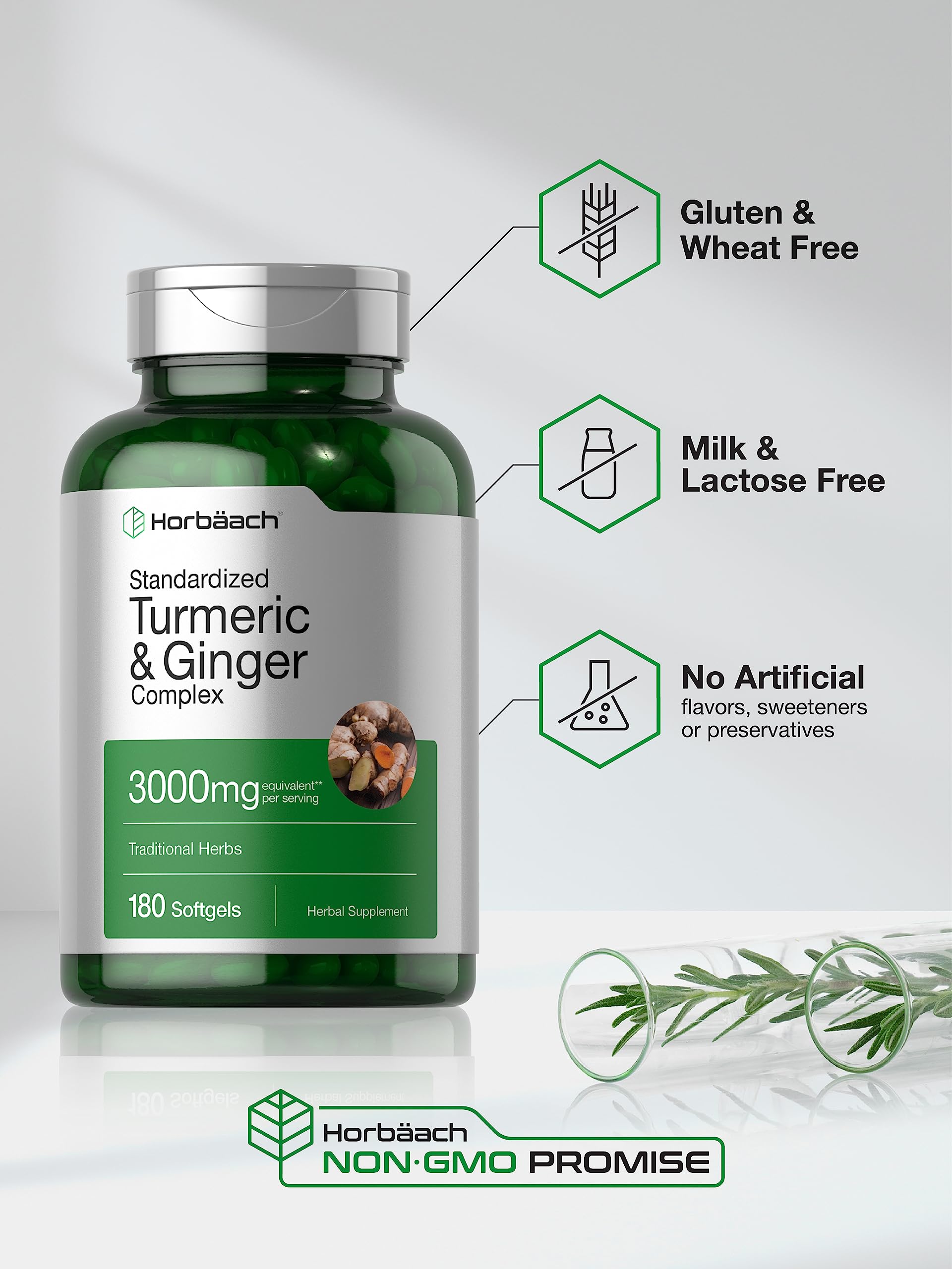 Horbäach Turmeric and Ginger Supplement | 3000 mg 180 Softgel Pills | with Black Pepper Extract | Non-GMO, Gluten Free Supplement