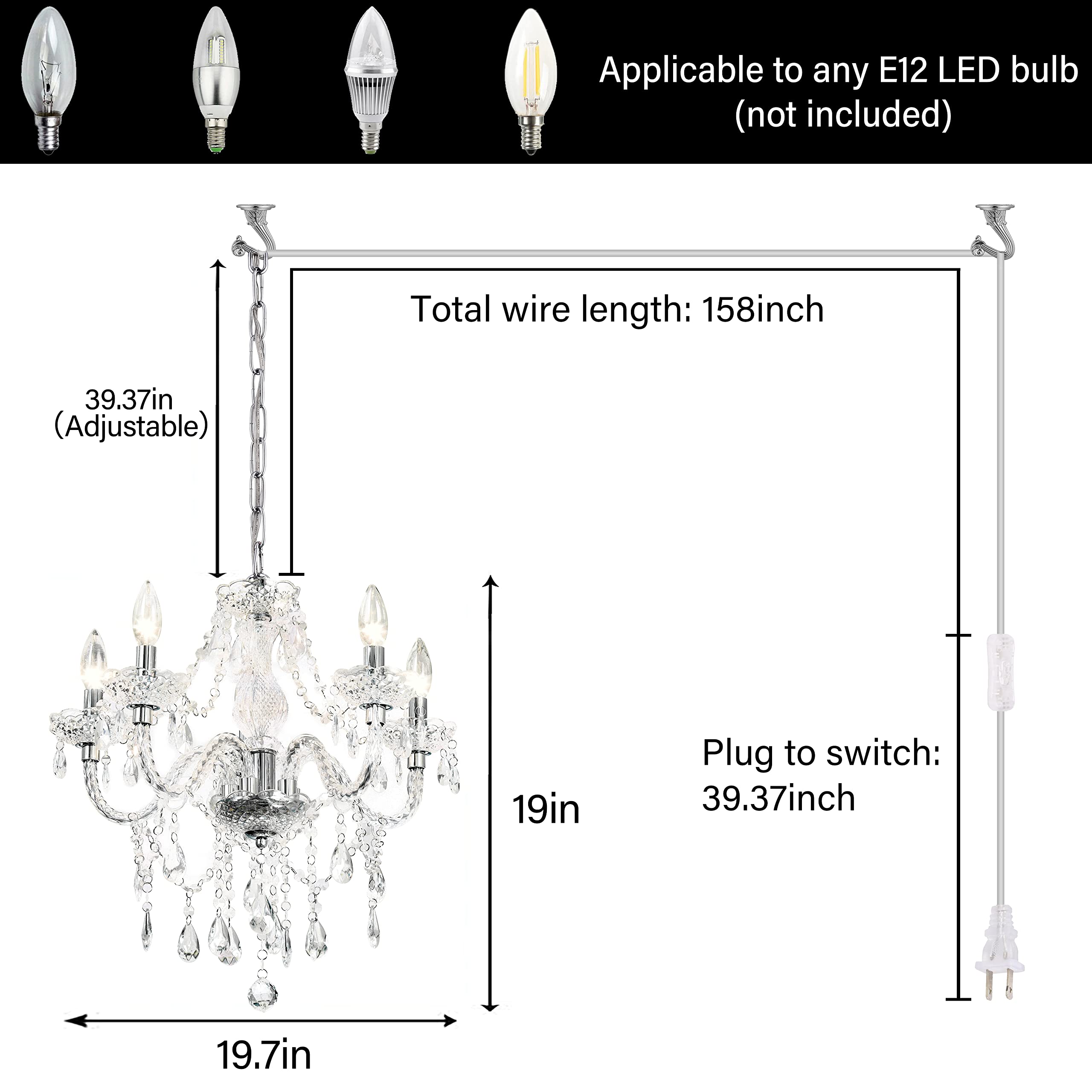 Plug-in 5 Light Crystal Hanging Pendant Lights Acrylic Chandelier with Clear Cord & On/Off Switch H19 D19.7 for Kitchen Island Girls' Room Dining Area Laundry Pavilion.