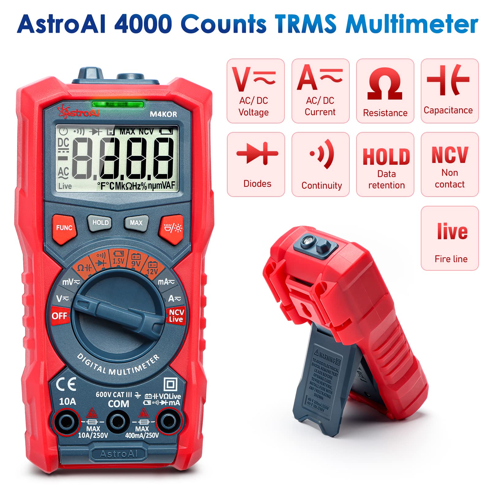 AstroAI Multimeter Tester, TRMS 4000 Counts Volt Meter Auto-Ranging Ohmmeter Digital 1.5v/9v/12v Battery Voltage Tester Measure Voltage Current Resistance Diodes Continuity Capacitance with NCV