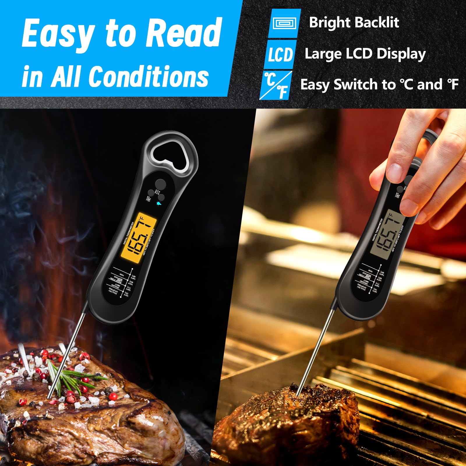 Biison Digital Meat Thermometer for Cooking, Wireless, Instant Read, Waterproof, Backlight, Ultra-Fast Accurate & 180°Foldaway Probe, Idea for Turkey/Grilling