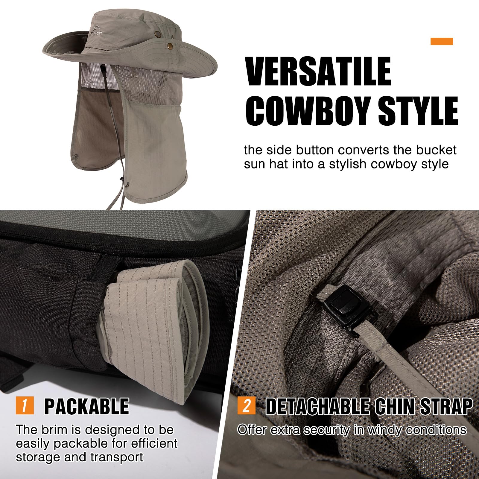 Comhats Sun Hats for Men Neck Cover Flap Protection UPF50+ Wide Brim Summer Boonie Bucket Waterproof Summer Golf Packable Travel Big Head X-Large XX-Large XL XXL Light Grey