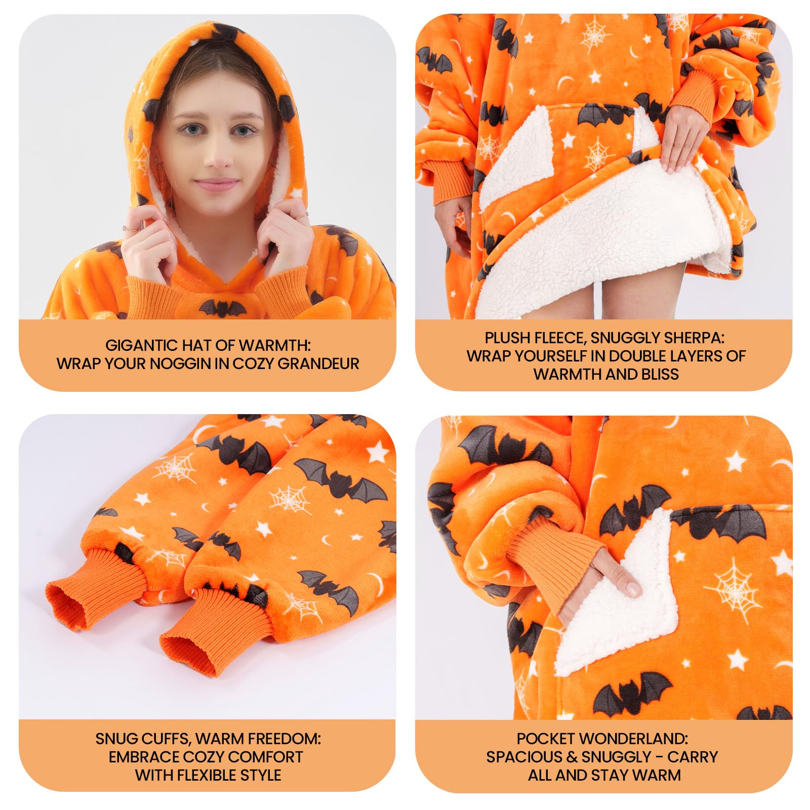 Touchat Halloween Wearable Blanket Hoodie, Orange Bat Costume Oversized Sherpa Fleece Sweatshirt Blanket with Giant Hood Pocket and Sleeves for Adult, Warm & Cozy Grey Blanket Gifts for Women