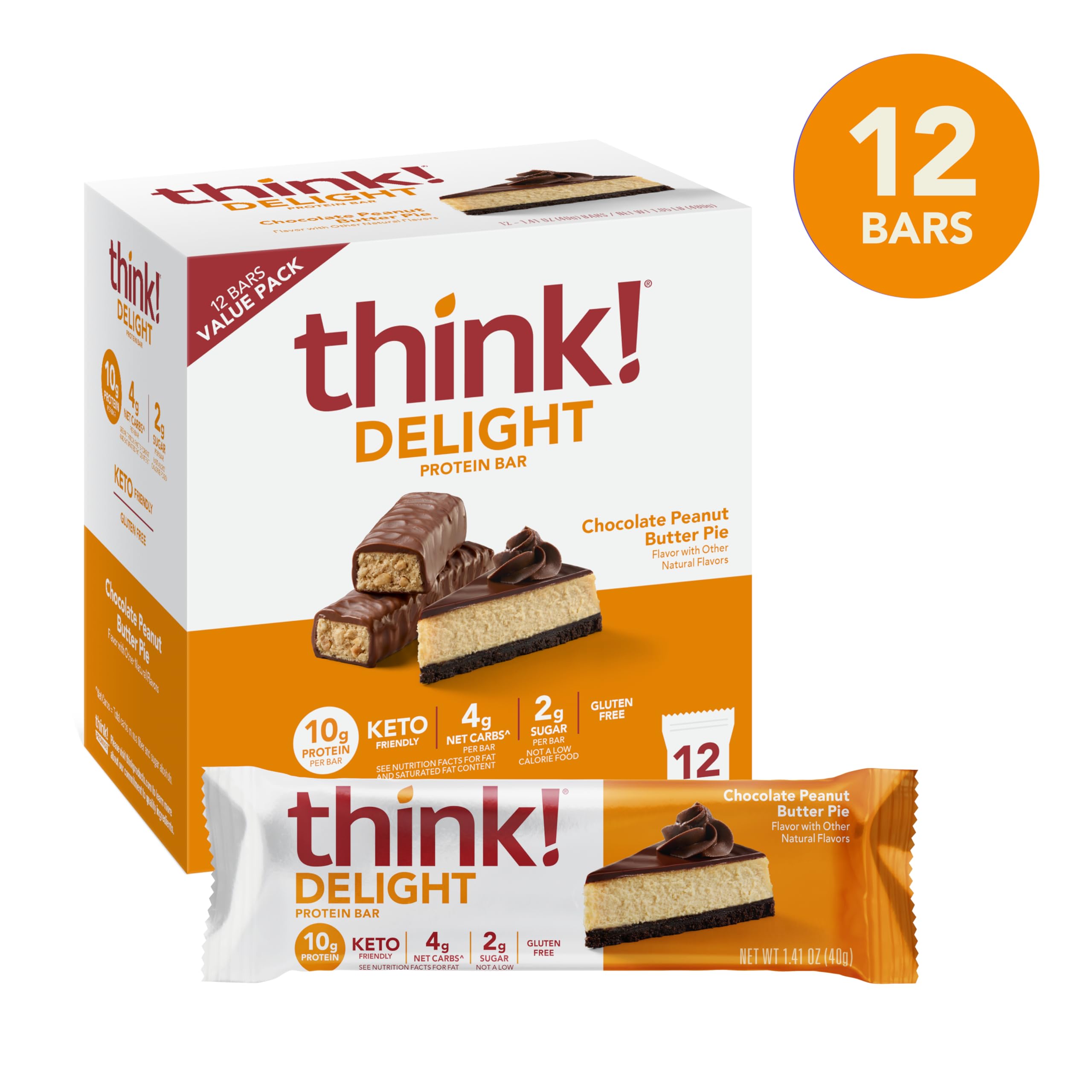 think! Delight Protein Bars, Gluten Free Snack - Chocolate Peanut Butter Pie, 12 Count (Packaging May Vary)