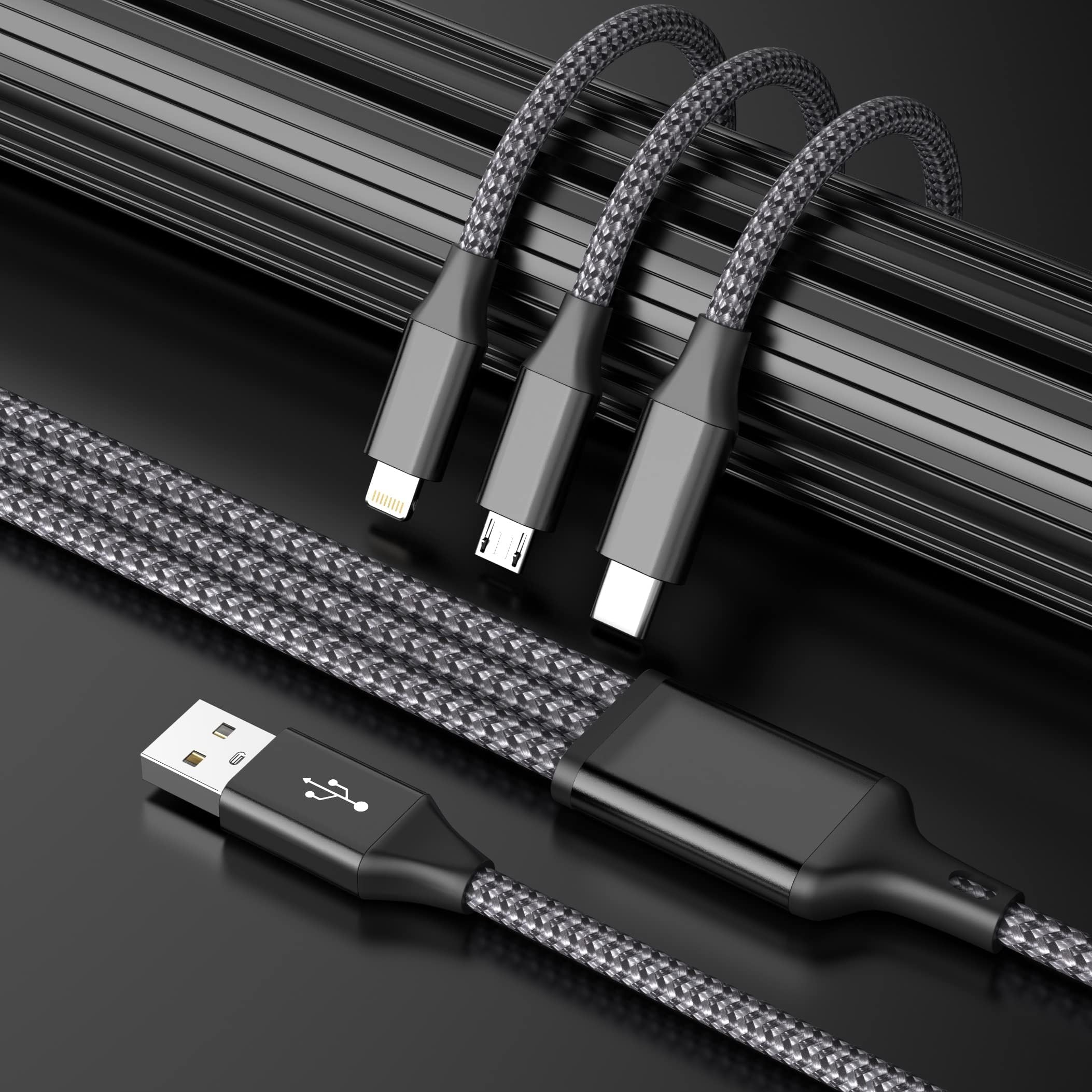 IDISON Multi Charging Cable(2Pack 4FT), 3 in 1 Charger Cable Nylon Braided Multiple USB Cable Universal Phone Charging Cord with Type-C, Micro USB, IP Port for iPhone16/15 Series/Cell Phones and More