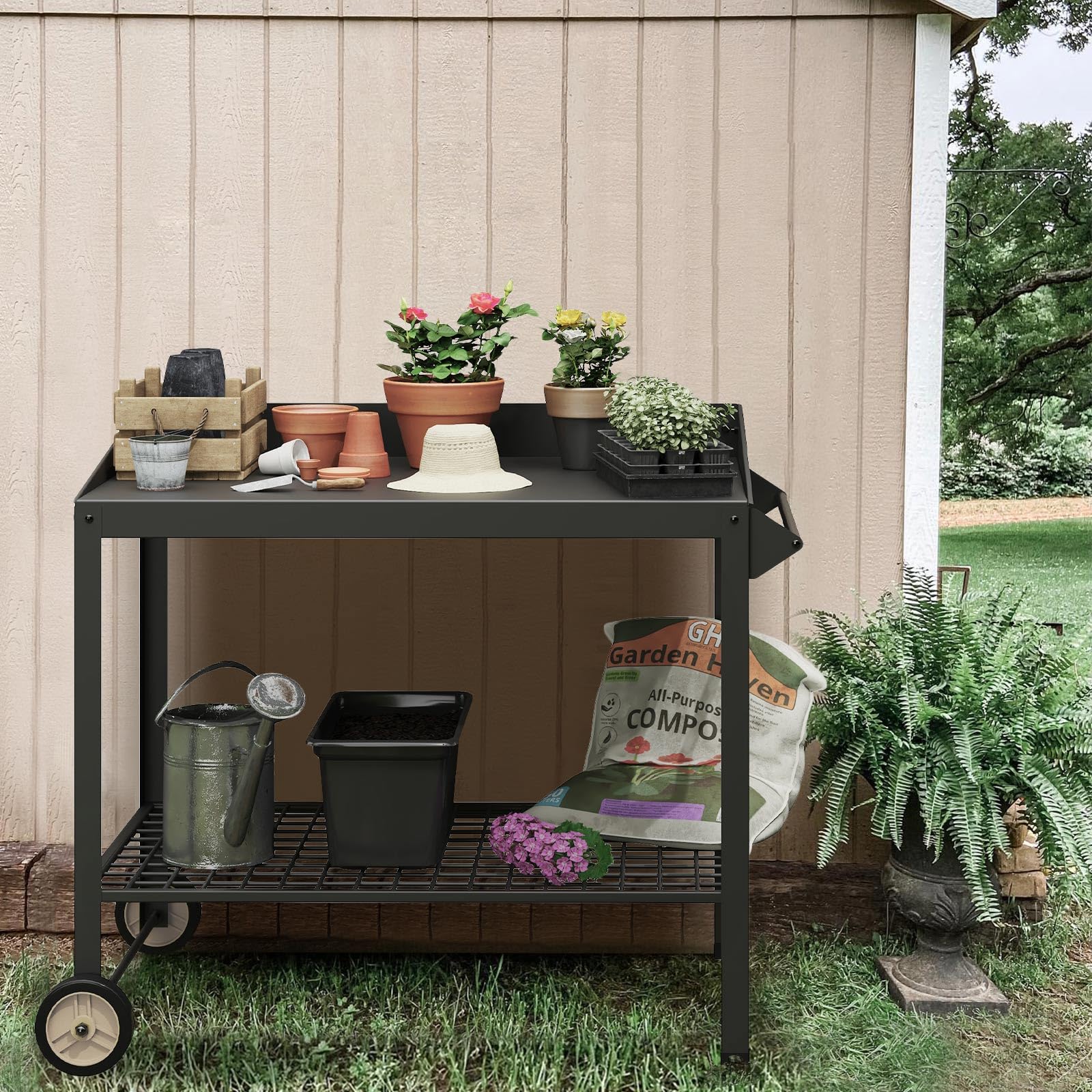 FOYUEE Metal Potting Bench with Wheels Planting Table for Outdoor Gardening Work Benches for Outside Potters Station Weatherproof