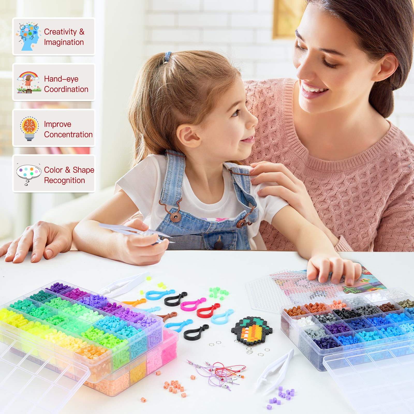 QUEFE Fuse Beads Kit of 72 Assorted Colors, 15000 5mm Beads Craft Kit Including Pegboard, Melting Beads, Ironing Paper, Tweezers & Colorful Hooks, Great Creative Arts and Crafts Set for Girls