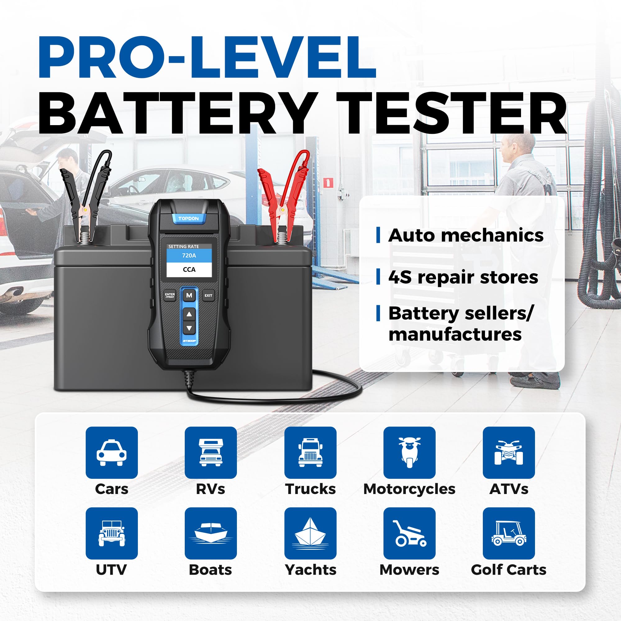 Car Battery Tester 12V 24V 100-2000CCA Lead-Acid Battery, TOPDON BT300P Alternator Tester, Load Tester, with Built-in Printer, Spark Free Metal Clamps, Automatic Reverse Polarity Protection