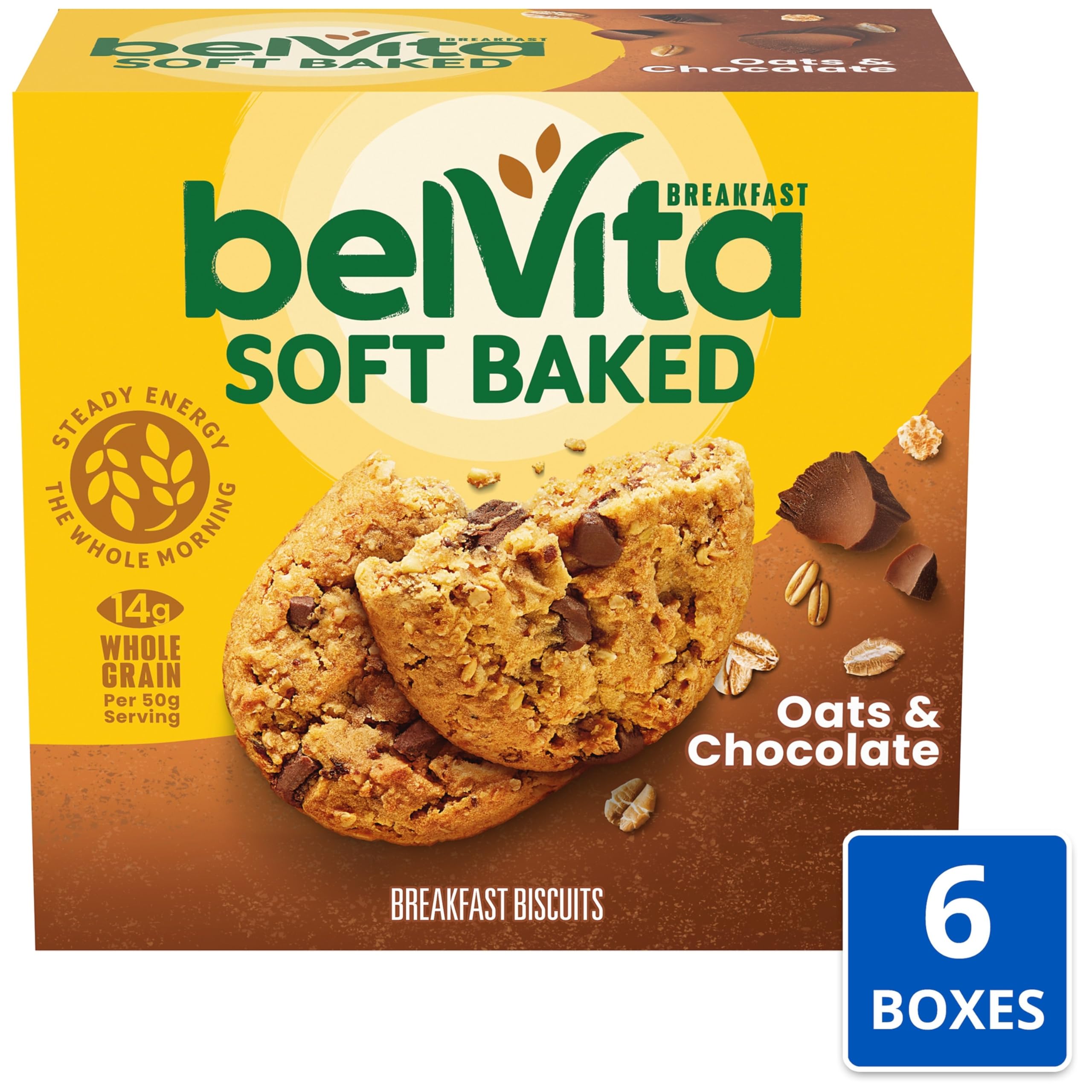 belVita Soft Baked Oats & Chocolate Breakfast Biscuits, Chewy Breakfast Bars, 6 Boxes of 5 Packs (1 Biscuit Per Pack)