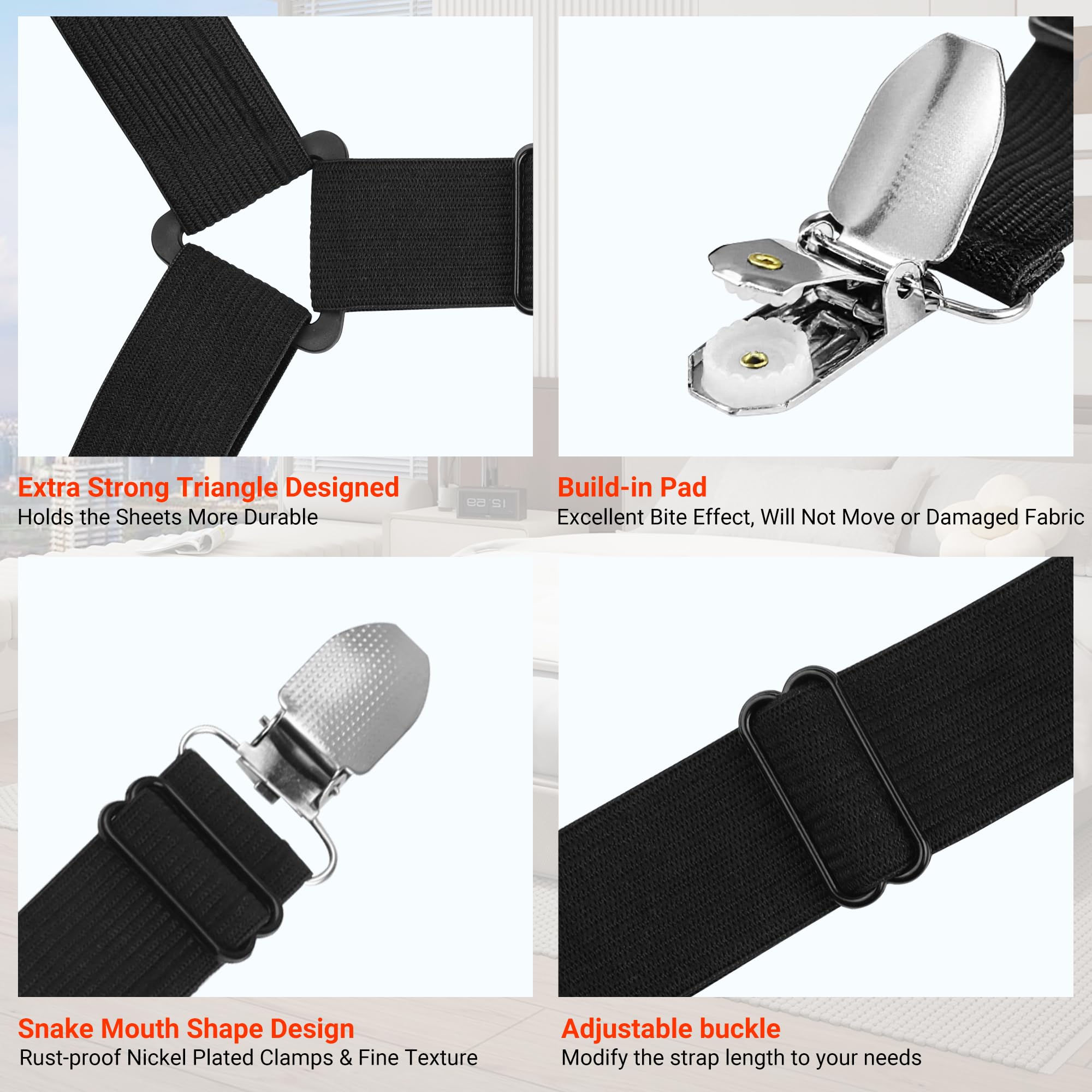 Ksasky Bed Sheet Holder Straps, Adjustable Bed Sheet Clips for Corner, Upgrade Non Slip Sheet Holders Keep Sheets Firm & Tight, Easy to Install Durable Fasteners